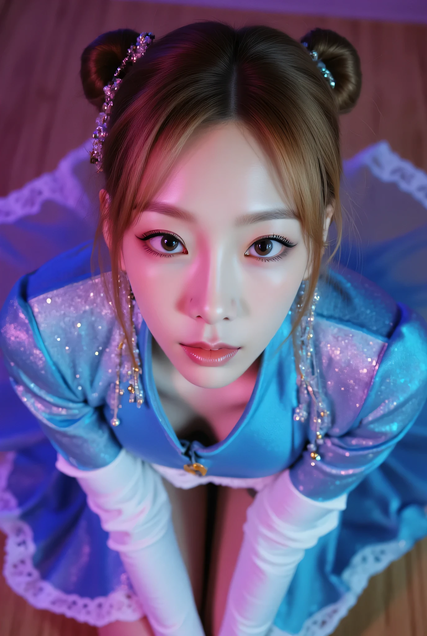 ohwx, (Face-focus:1.3), (8mm fisheye lens:1.3), fisheye curvature applied to her face eyes chin and lips, extreme wide-angle distortion, warped perspective, curved lines, 180° field of view, Taeyeon in a Chun-Li from Street Fighter cosplay, high downward angle face close-up from overhead, bright makeup, smiles with her teeth visible, plump and fleshy lips, her protruding and oversized chin that is exaggerated by fisheye lens dominates the frame, her face distorted by fisheye perspective, she is looking directly at the viewer, (wrinkly face:1.3), her eyes are smothered in smoky black eyeshadow with dramatic winged eyeliner, outrageously long and voluminous lash extensions, long neck, peach blush on her cheeks, black mascara, fluorescent lighting, two oxhorns hairstyle(two high buns) adorned with white silk brocades and ribbons, blue qipao with golden accents, puffy sleeves and a white waistband, kneeling with her knees on the floor, leaning on both her hands that are concealed between her bare thighs.

BREAK

masterpiece, best quality, high resolution, ultra-detailed, volumetric lighting, detailed hair, detailed eyes, detailed face within fisheye distortion, features distorted by extreme wide-angle perspective, exquisitely rendered, dramatic shading, subsurface scattering, score_9, score_8_up, score_7_up

