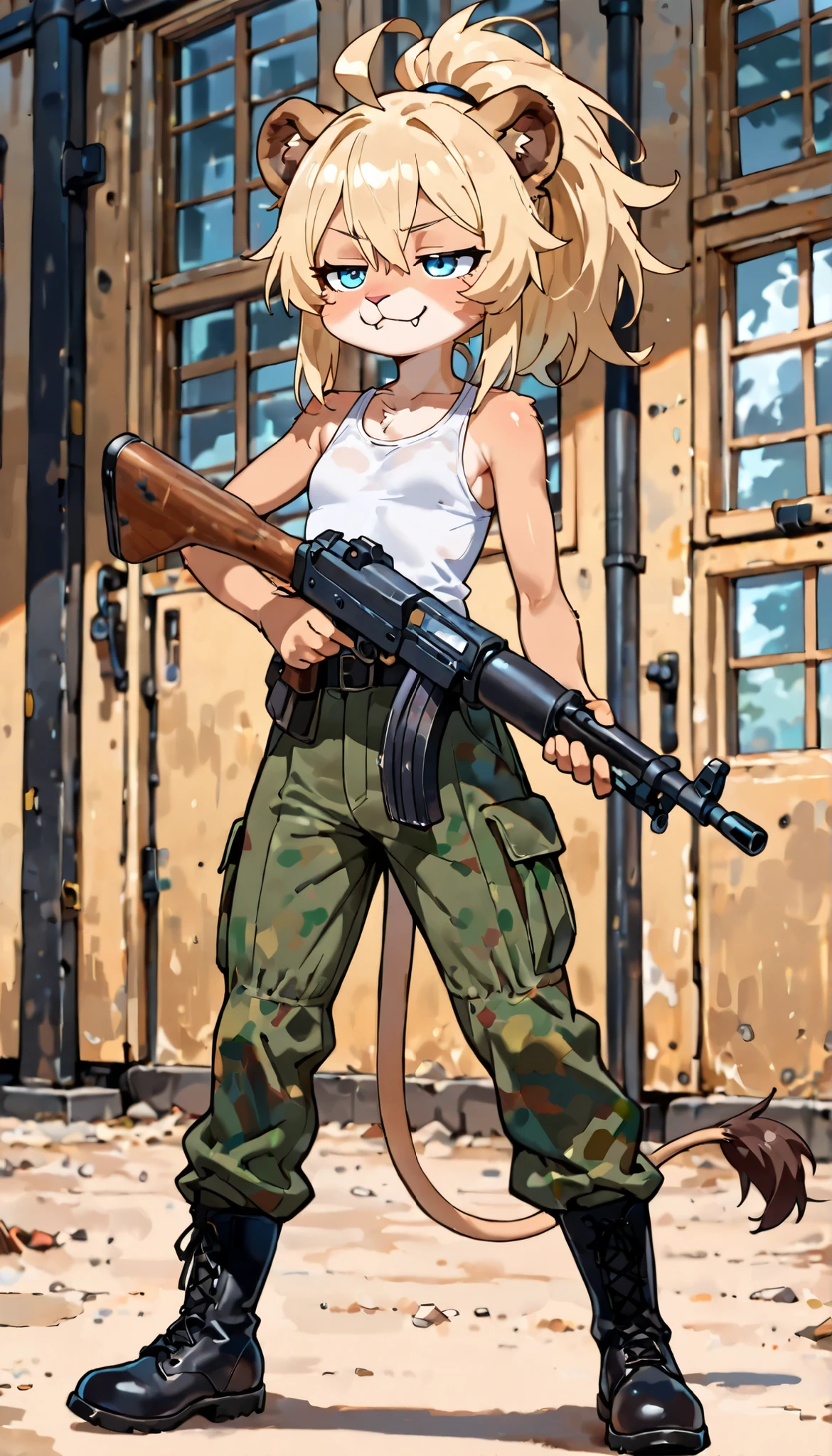 score_9, score_8_up, score_7_up, 1girl, solo, masterpiece, best quality, amazing quality, very aesthetic, absurdres, source furry, young, lion girl, blonde hair, ponytail, half closed eyes, lion ears, blue eyes, small breast, "eyelips", ((white tank top, military pants, military training, military boots)), lioness features, looking at you, fangs, clear brown body fur, short stature, glistering body, shiny body, skinny, tuft cheeks, lion features, :3, looking at you, high quality, masterpiece, shiny body, better quality, looking at you, full body, westeland on background, (nailess, clawless), standing, holding a heavy machine gun, action pose, fighter,