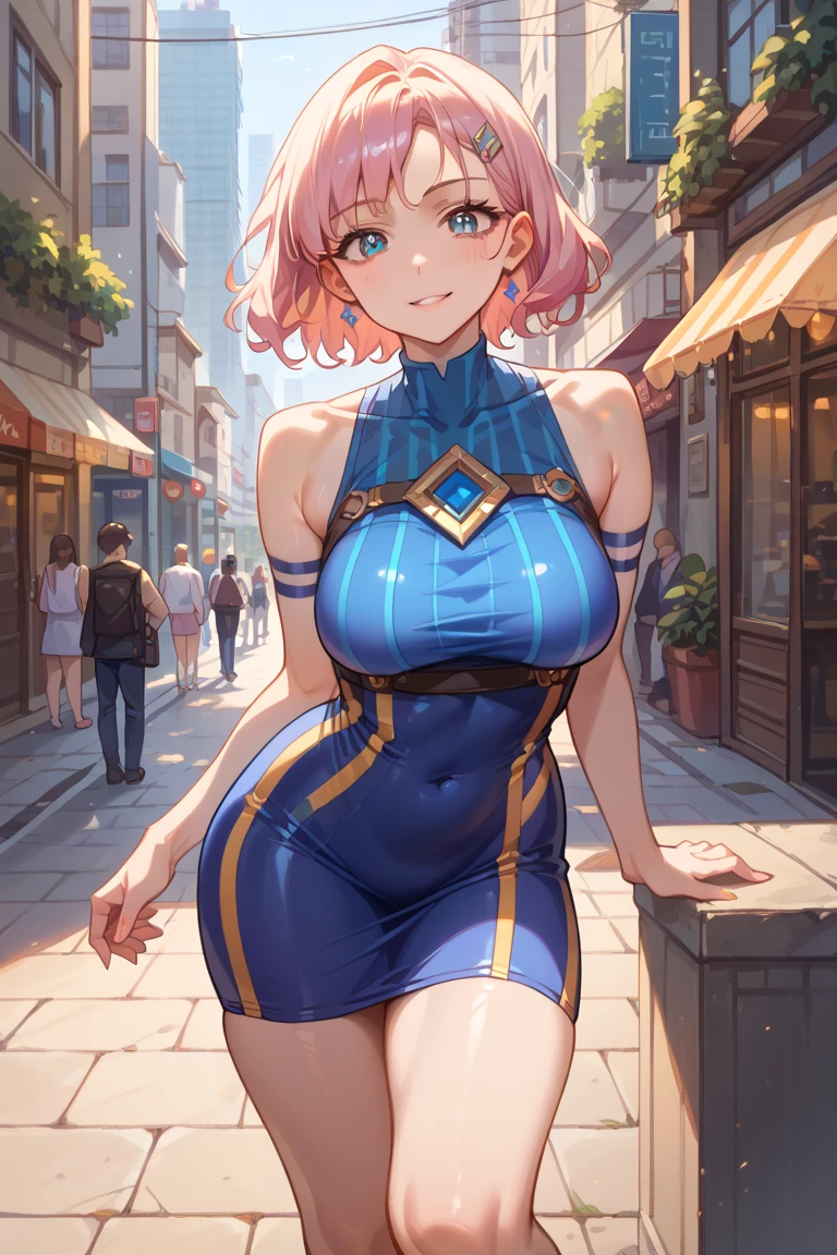 masterpiece, best quality, illustration, highres, absurdres, ultradetailed, highly detailed eyes, shiny, shiny skin, bright eyes, ((1 girl, solo, pantyhose,  tight clothes, fantasy street, day, wide angle,, daylight, sunny)),