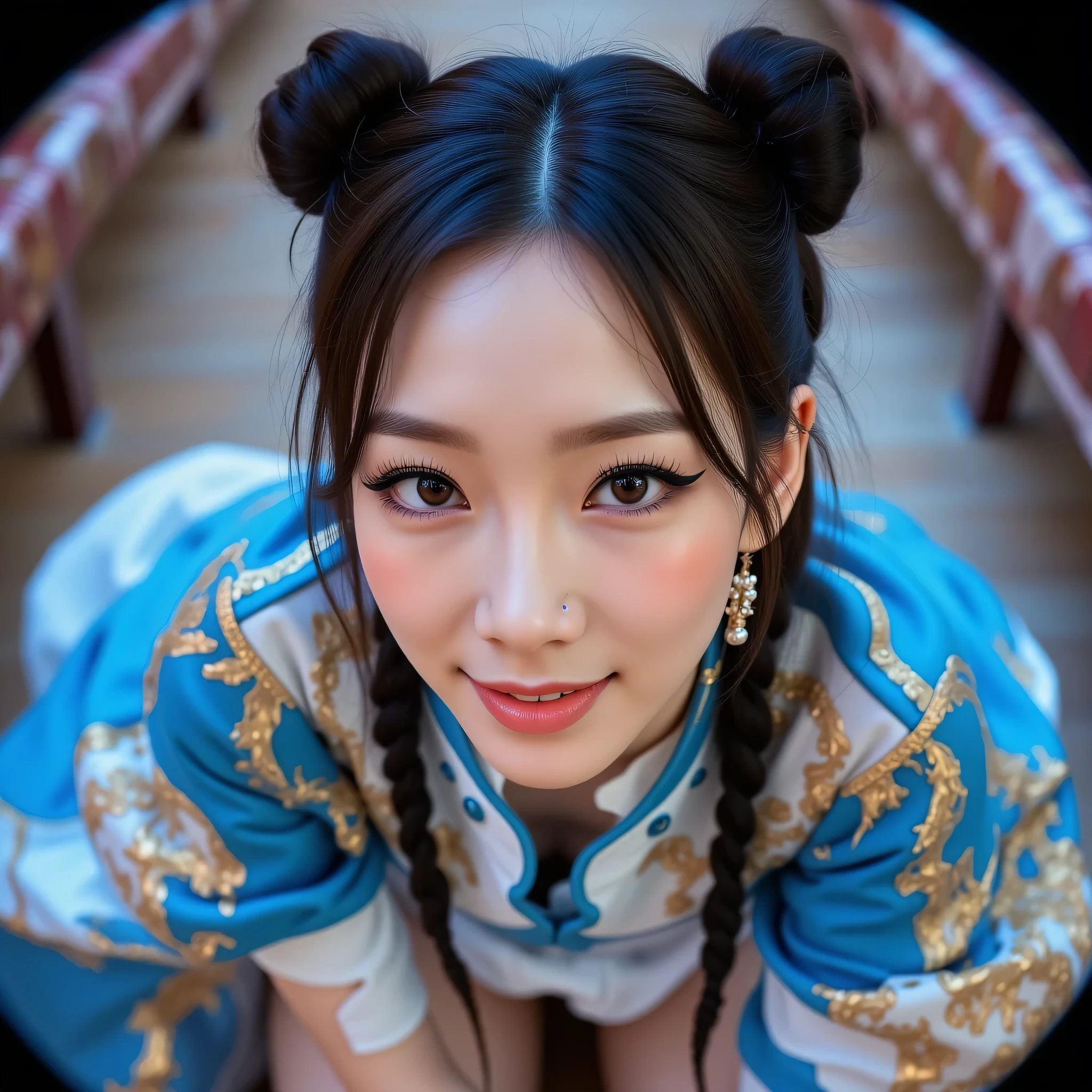 ohwx, (Face-focus:1.3), (8mm fisheye lens:1.3), fisheye curvature applied to her face eyes chin and lips, extreme wide-angle distortion, warped perspective, curved lines, 180° field of view, Taeyeon in a Chun-Li from Street Fighter cosplay, high downward angle face close-up from overhead, bright makeup, smiles with her teeth visible, plump and fleshy lips, her protruding and oversized chin that is exaggerated by fisheye lens dominates the frame, her face distorted by fisheye perspective, she is looking directly at the viewer, (wrinkly face:1.3), her eyes are smothered in smoky black eyeshadow with dramatic winged eyeliner, outrageously long and voluminous lash extensions, long neck, peach blush on her cheeks, black mascara, fluorescent lighting, two oxhorns hairstyle(two high buns) adorned with white silk brocades and ribbons, blue qipao with golden accents, puffy sleeves and a white waistband, kneeling with her knees on the floor, leaning on both her hands that are concealed between her bare thighs.

BREAK

masterpiece, best quality, high resolution, ultra-detailed, volumetric lighting, detailed hair, detailed eyes, detailed face within fisheye distortion, features distorted by extreme wide-angle perspective, exquisitely rendered, dramatic shading, subsurface scattering, score_9, score_8_up, score_7_up

