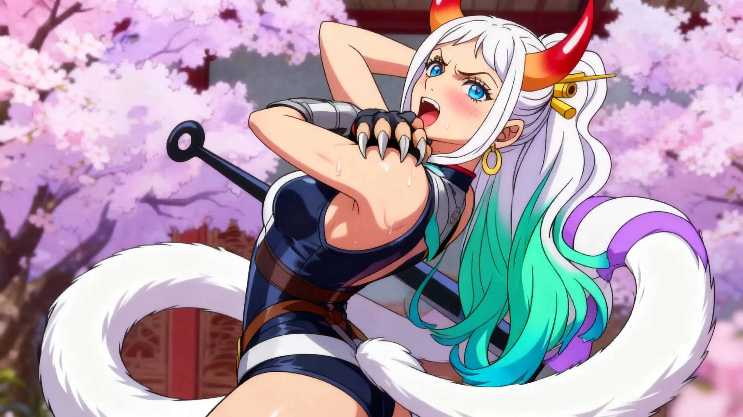 safe_pos, masterpiece, best quality, newest, absurdres, highres, mark_gavatino-IL.V1.0, sex, vagina, hetero, 
1girl, yamato \(one piece\), curled horns, red horns, multicolored horns, orange eyes, white hair, green hair, long hair, multicolored hair, aqua hair, gradient hair, blue hair, sidelocks, ponytail, high ponytail, hair stick, large breasts, sleeveless kimono, bare shoulders, hoop earrings, earrings, shimenawa, toned rought sex, BREAK 1boy, 