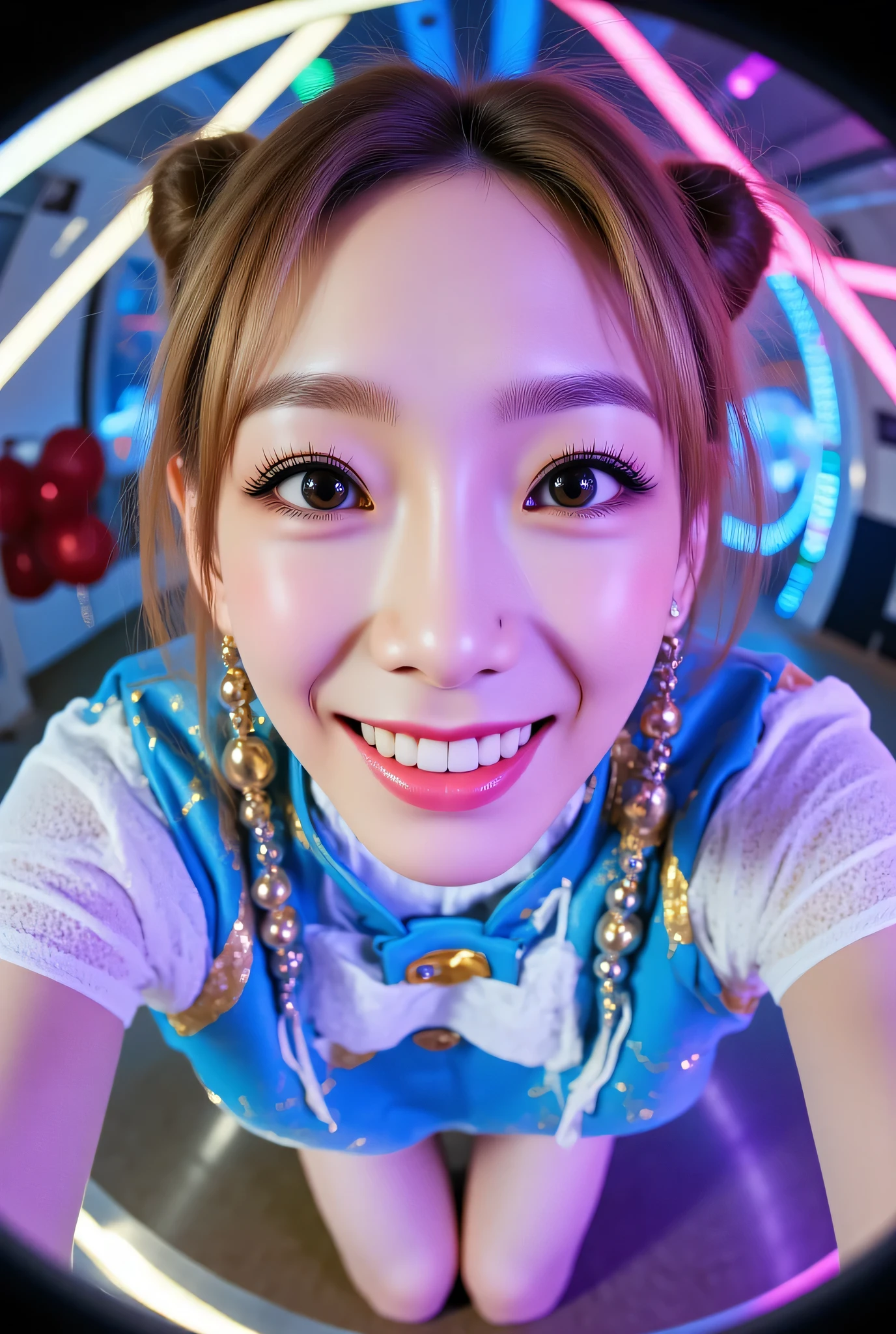 Fisheye lens,ohwx, (Face-focus:1.3), (8mm fisheye lens:1.3), fisheye curvature applied to her face eyes chin and lips, extreme wide-angle distortion, warped perspective, curved lines, 180° field of view, Taeyeon in a Chun-Li from Street Fighter cosplay, high downward angle face close-up from overhead, bright makeup, smiles with her teeth visible, plump and fleshy lips, her protruding and oversized chin that is exaggerated by fisheye lens dominates the frame, her face distorted by fisheye perspective, she is looking directly at the viewer, (wrinkly face:1.3), her eyes are smothered in smoky black eyeshadow with dramatic winged eyeliner, outrageously long and voluminous lash extensions, long neck, peach blush on her cheeks, black mascara, fluorescent lighting, two oxhorns hairstyle(two high buns) adorned with white silk brocades and ribbons, blue qipao with golden accents, puffy sleeves and a white waistband, kneeling with her knees on the floor, leaning on both her hands that are concealed between her bare thighs.
BREAK
masterpiece, best quality, high resolution, ultra-detailed, volumetric lighting, detailed hair, detailed eyes, detailed face within fisheye distortion, features distorted by extreme wide-angle perspective, exquisitely rendered, dramatic shading, subsurface scattering, score_9, score_8_up, score_7_up
