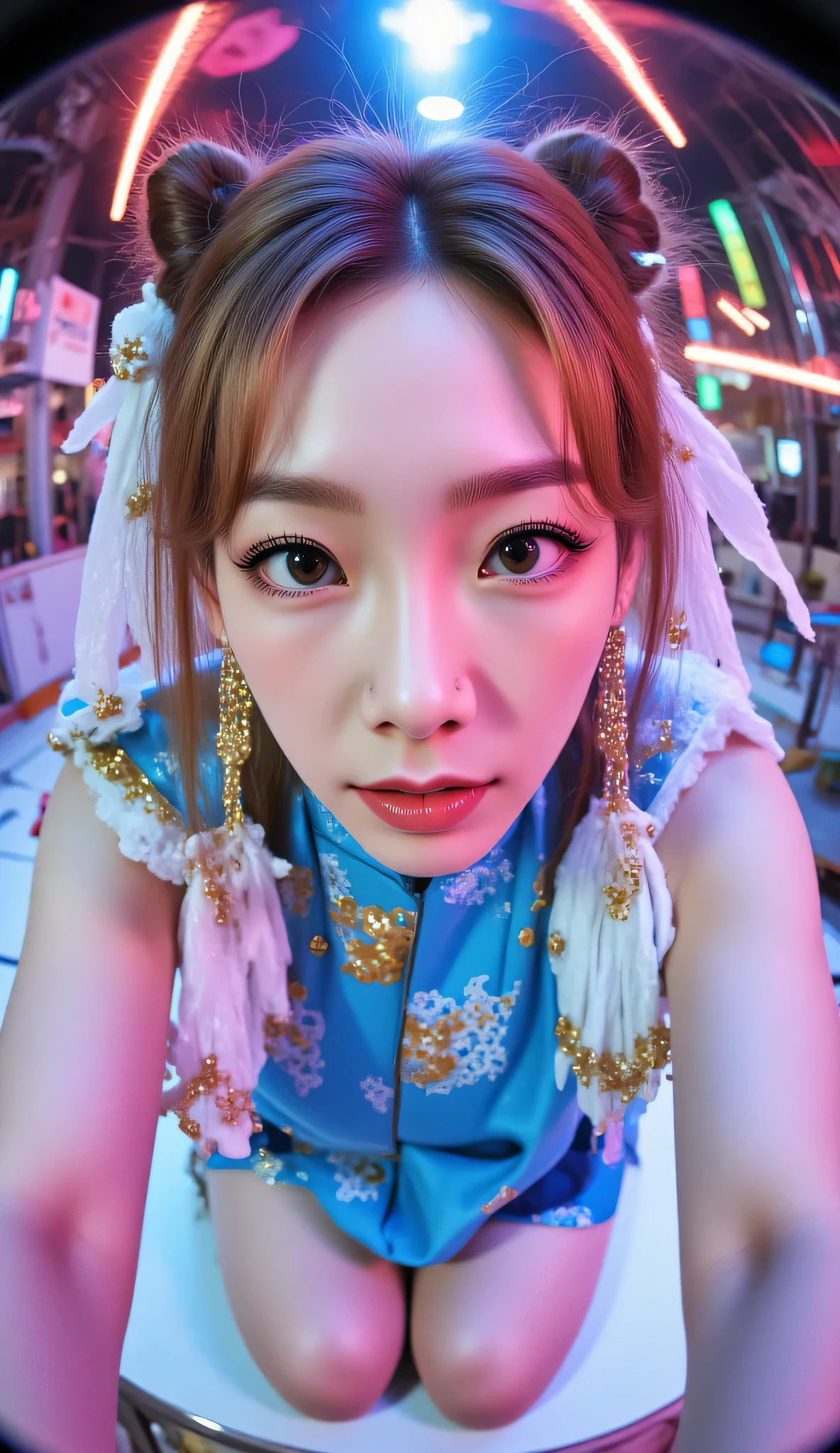 Fisheye lens,ohwx, (Face-focus:1.3), (8mm fisheye lens:1.3), fisheye curvature applied to her face eyes chin and lips, extreme wide-angle distortion, warped perspective, curved lines, 180° field of view, Taeyeon in a Chun-Li from Street Fighter cosplay, high downward angle face close-up from overhead, bright makeup, smiles with her teeth visible, plump and fleshy lips, her protruding and oversized chin that is exaggerated by fisheye lens dominates the frame, her face distorted by fisheye perspective, she is looking directly at the viewer, (wrinkly face:1.3), her eyes are smothered in smoky black eyeshadow with dramatic winged eyeliner, outrageously long and voluminous lash extensions, long neck, peach blush on her cheeks, black mascara, fluorescent lighting, two oxhorns hairstyle(two high buns) adorned with white silk brocades and ribbons, blue qipao with golden accents, puffy sleeves and a white waistband, kneeling with her knees on the floor, leaning on both her hands that are concealed between her bare thighs.
BREAK
masterpiece, best quality, high resolution, ultra-detailed, volumetric lighting, detailed hair, detailed eyes, detailed face within fisheye distortion, features distorted by extreme wide-angle perspective, exquisitely rendered, dramatic shading, subsurface scattering, score_9, score_8_up, score_7_up