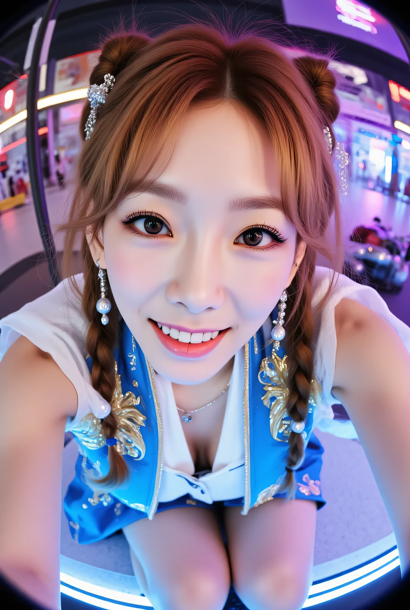 Fisheye lens,ohwx, (Face-focus:1.3), (8mm fisheye lens:1.3), fisheye curvature applied to her face eyes chin and lips, extreme wide-angle distortion, warped perspective, curved lines, 180° field of view, Taeyeon in a Chun-Li from Street Fighter cosplay, high downward angle face close-up from overhead, bright makeup, smiles with her teeth visible, plump and fleshy lips, her protruding and oversized chin that is exaggerated by fisheye lens dominates the frame, her face distorted by fisheye perspective, she is looking directly at the viewer, (wrinkly face:1.3), her eyes are smothered in smoky black eyeshadow with dramatic winged eyeliner, outrageously long and voluminous lash extensions, long neck, peach blush on her cheeks, black mascara, fluorescent lighting, two oxhorns hairstyle(two high buns) adorned with white silk brocades and ribbons, blue qipao with golden accents, puffy sleeves and a white waistband, kneeling with her knees on the floor, leaning on both her hands that are concealed between her bare thighs.
BREAK
masterpiece, best quality, high resolution, ultra-detailed, volumetric lighting, detailed hair, detailed eyes, detailed face within fisheye distortion, features distorted by extreme wide-angle perspective, exquisitely rendered, dramatic shading, subsurface scattering, score_9, score_8_up, score_7_up