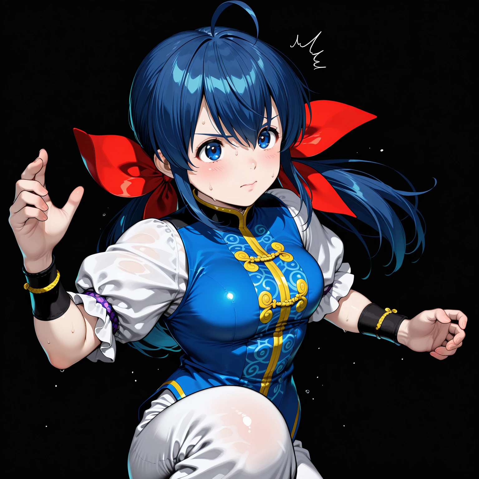 Best quality, Super detailed illustration, Warm colors, perfect lighting, (boy:1.6), (the blue skin:1,6) , short tousled thick hair ,Jiangshi clothing, long sleeves, long skirt with leg cutout on the sides, , Tight-fitting clothing, Guanli hat ,smug smile, Happy , a femboy, small waist, wide , slim, Perfect body, full length, tricky glance, Scarlet eyes,black and lilac color of clothes