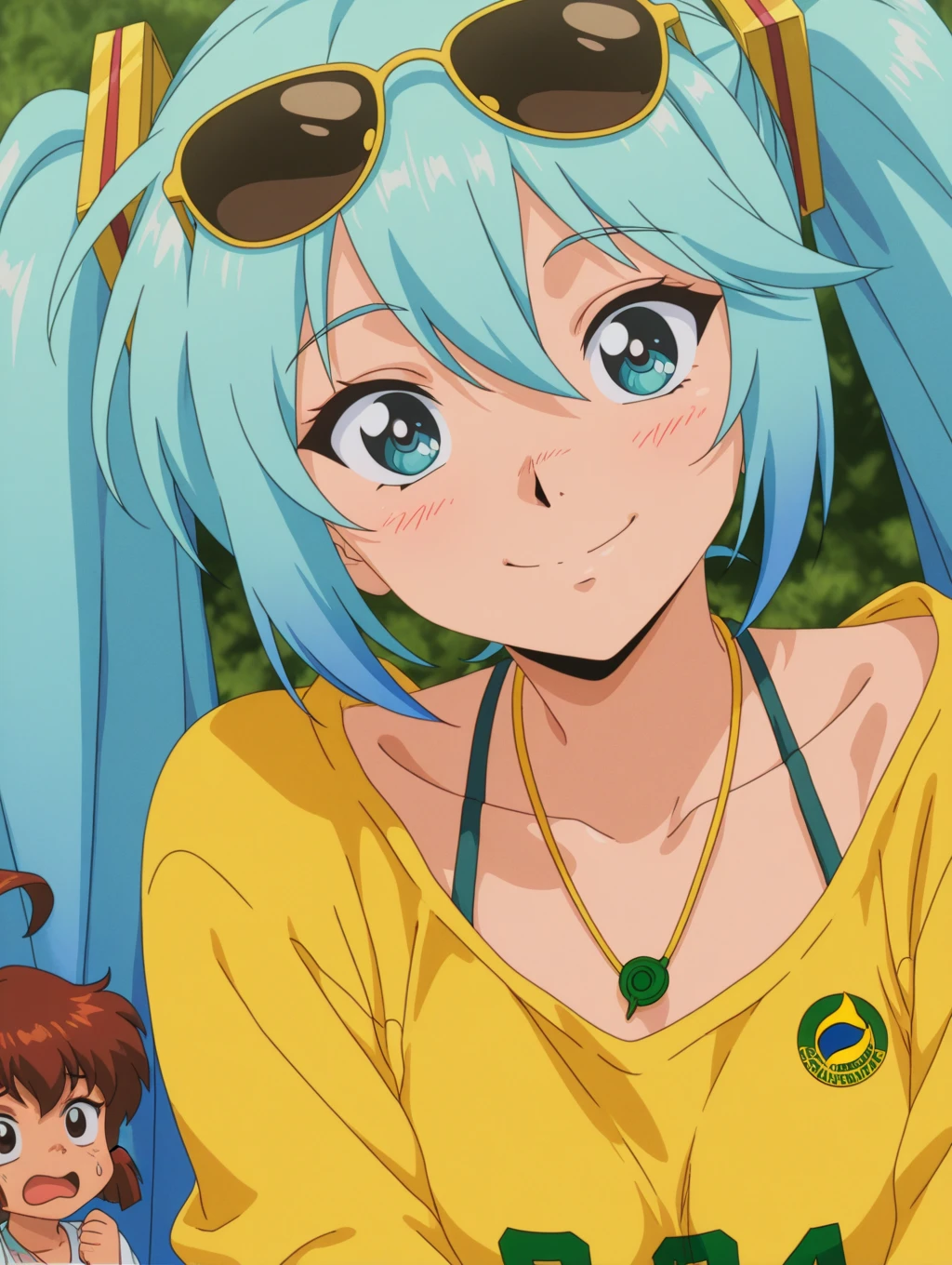 Tabletop, Highest quality, Ultra-high resolution, Highest quality, Anime Style, Alien Girl, They are, 17 years old, Attractive girl, Long Green Hair, Yellow horn, Ram, Ram_Bikini, Yellow tabby bikini, A carefree smile, Animated  expressions, Face Focus, close