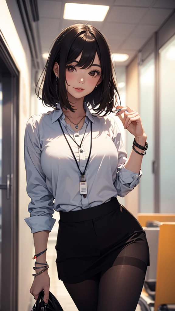 Photorealism, Highest quality, Ultra-high resolution, photograph, Exquisitely beautiful photograph, Extraordinary beauty, Shining Cheeks, Perfect body, Biologically accurate, Beautiful  details, Glowing White Skin, Between the eyebrows, Beautiful glossy hair, Smooth Hair, Thin Hair, High resolution eyes, beautiful, Bright and , big, Attractive eyes, eyeliner, double eyelid, beautiful feet, Cowboy Shot:1. 3, (1 female), 44 years old, 1 person, (blush), (Captivating smile:1.2), ((beautiful girl:1.3)), (Shiny bob hair), (Light brown hair:1. 2), (Sweatshirts), (stylish check skirt), , ((bookstore)), ((Stand in front of a bookshelf))