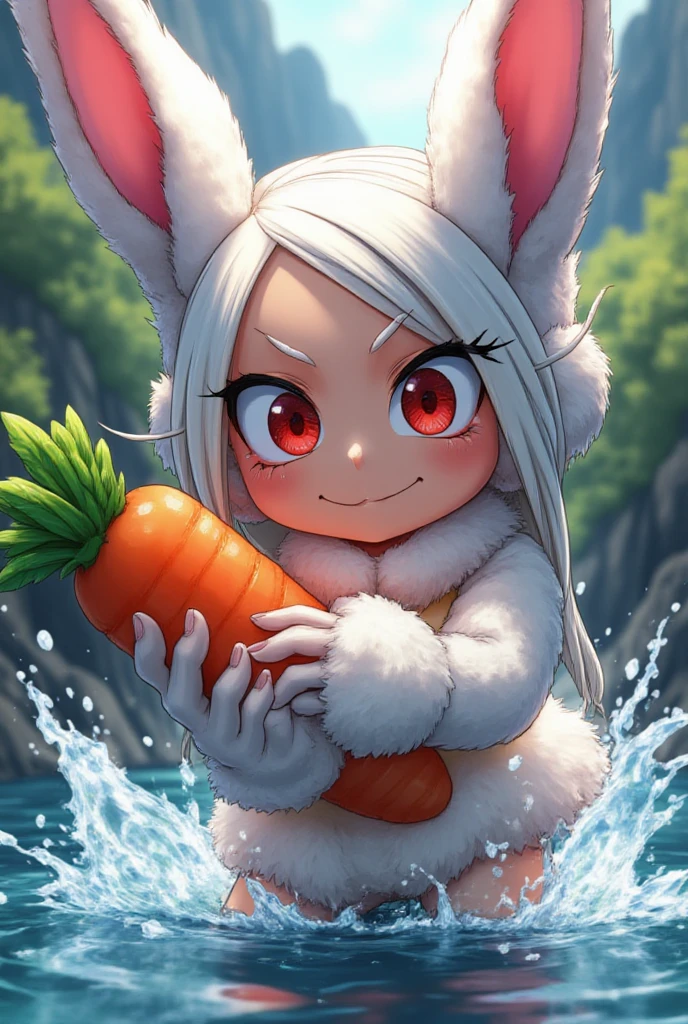 , without clothing, Pumped body, white hair, bunny ears, red eyes, angry face, wet skin, tan line skin, soft thighs, rough skin , beach, sun, woman, solo, Bottom view, 