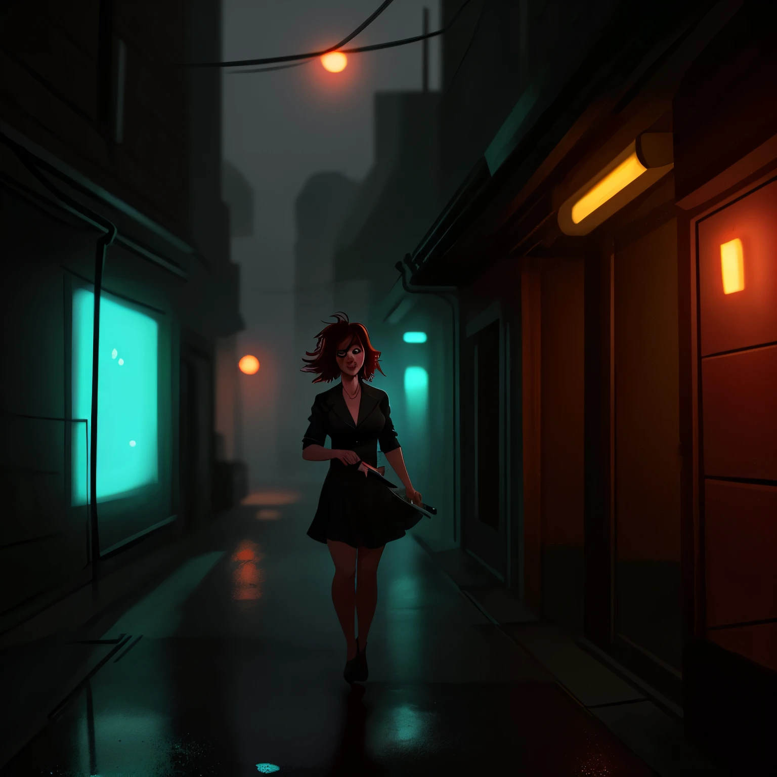 clueless_hitman,woman,20s,messy_hair,tired_expression,holding_knife,slightly_blurred,moody_lighting,dark_alleyway,rain_falling,neon_signs,cyberpunk_atmosphere,cinematic,digital_painting,8k,masterpiece,photorealistic,sharp_focus,HDR,studio_lighting,vibrant_colors,gritty,neo-noir