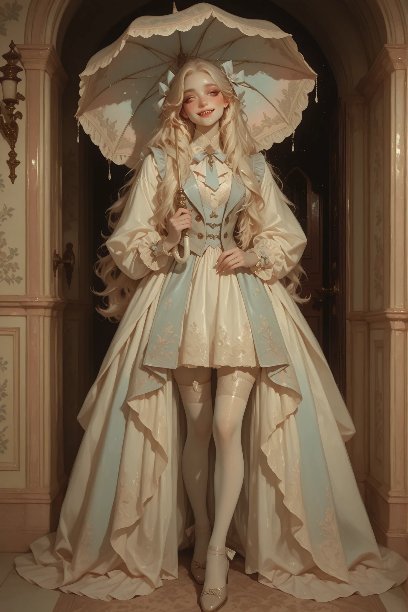 an adorable youthful vampire with pale porcelain skin, large shimmering eyes, delicate fangs peeking from a shy smile, dressed in elegant 18th century noble attire, ornate pastel frock coat with lace cuffs, embroidered waistcoat, silk cravat, knee-length breeches, white stockings, buckled shoes, powdered wig styled with soft curls and ribbon, carrying a tiny ornate parasol, Rococo aesthetic, soft dreamy lighting, highly detailed textures, semi-realism, painterly pastel color palette, full body character, ethereal and whimsical atmosphere