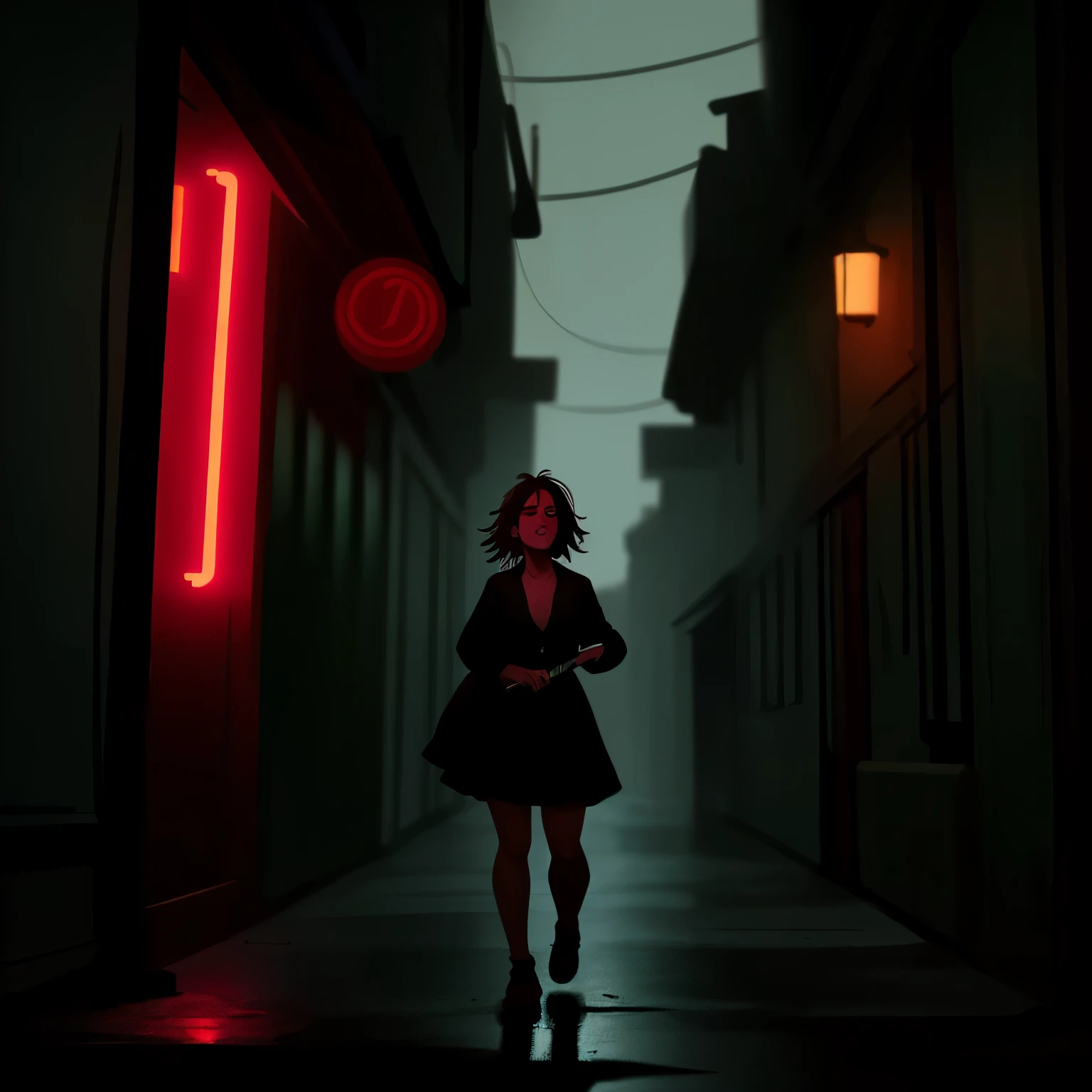 clueless_hitman,woman,20s,messy_hair,tired_expression,holding_knife,slightly_blurred,moody_lighting,dark_alleyway,rain_falling,neon_signs,cyberpunk_atmosphere,cinematic,digital_painting,8k,masterpiece,photorealistic,sharp_focus,HDR,studio_lighting,vibrant_colors,gritty,neo-noir