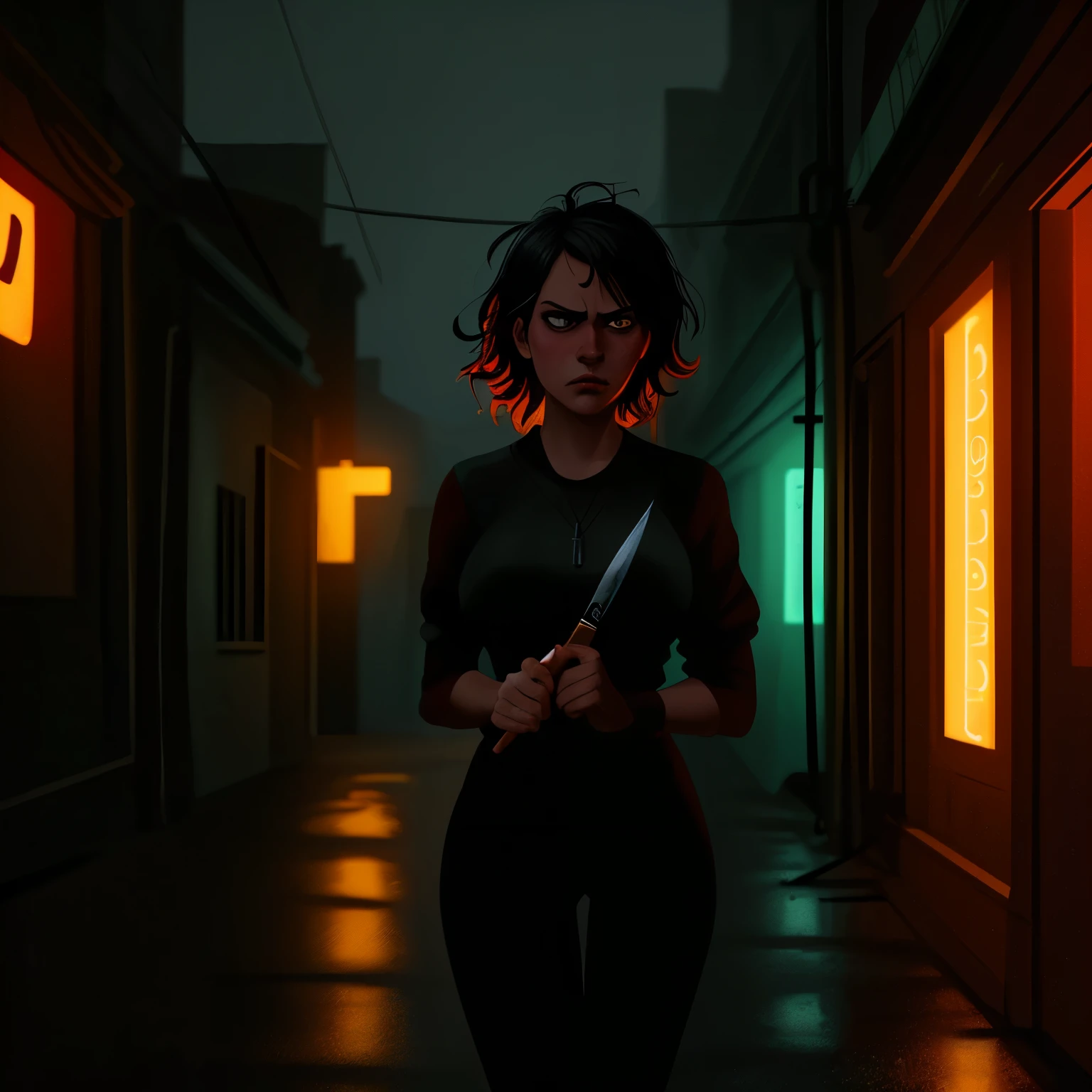 clueless_hitman,woman,20s,messy_hair,tired_expression,holding_knife,slightly_blurred,moody_lighting,dark_alleyway,rain_falling,neon_signs,cyberpunk_atmosphere,cinematic,digital_painting,8k,masterpiece,photorealistic,sharp_focus,HDR,studio_lighting,vibrant_colors,gritty,neo-noir