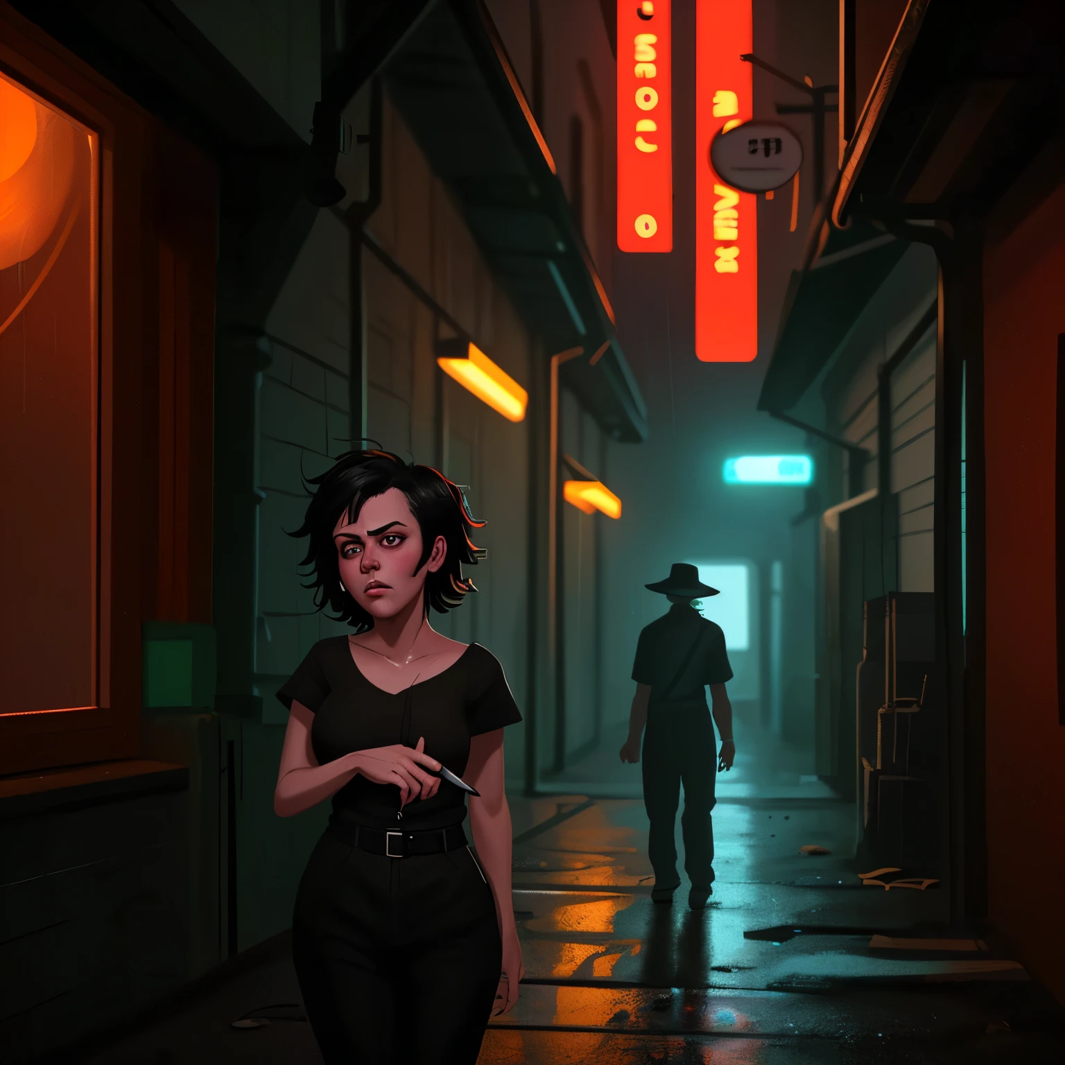 clueless_hitman,woman,20s,messy_hair,tired_expression,holding_knife,slightly_blurred,moody_lighting,dark_alleyway,rain_falling,neon_signs,cyberpunk_atmosphere,cinematic,digital_painting,8k,masterpiece,photorealistic,sharp_focus,HDR,studio_lighting,vibrant_colors,gritty,neo-noir