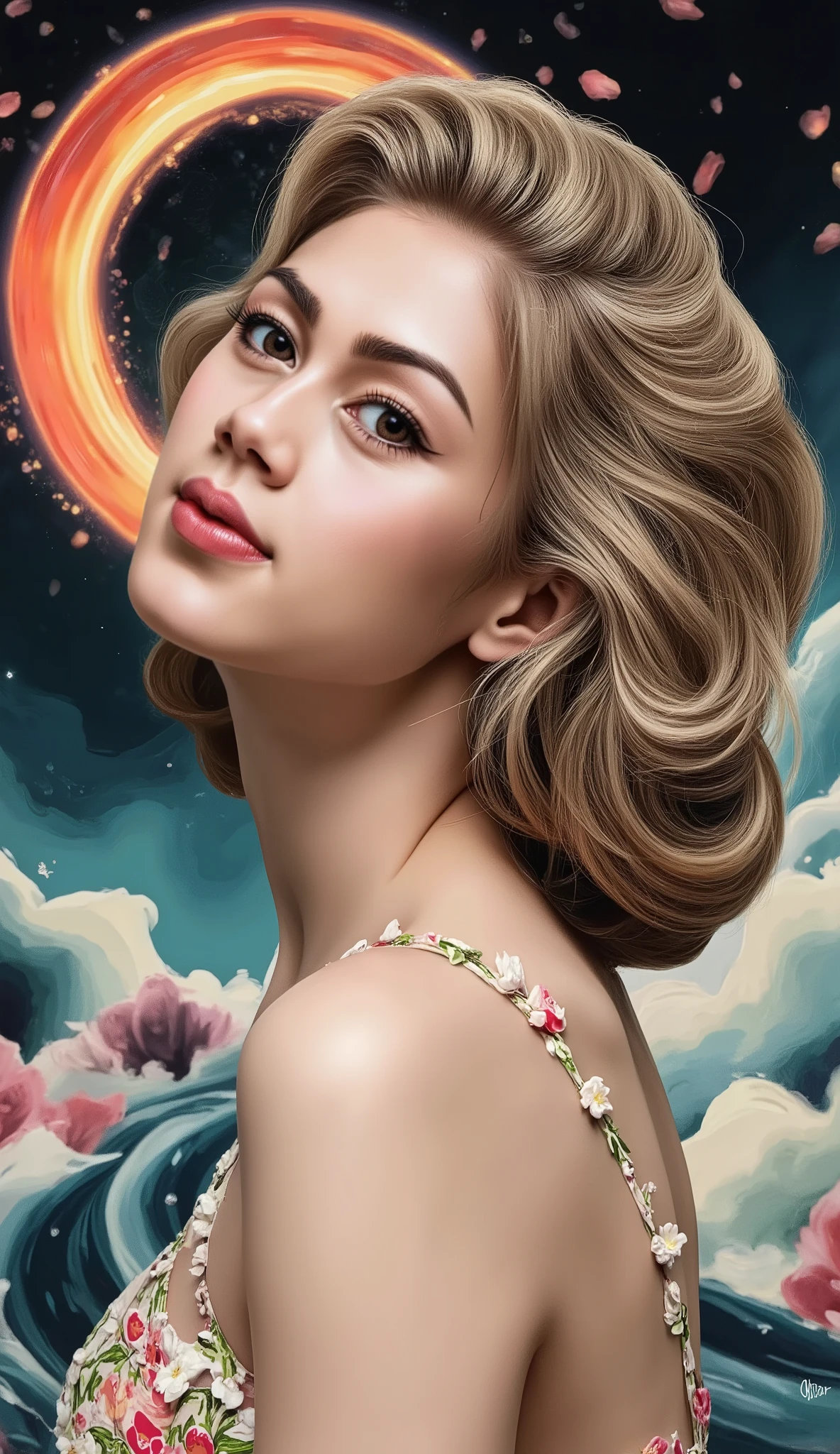 Create an abstract art, full body picture of eve wearing floral clothes in an expressive oil painting style. their covered body is covered by flowers. Use a vivid explosion of colors including blue, yellow, red, white, pink, black, and green. The body should be symmetrical and hyper-detailed, with a gleaming golden accent to radiate light. The composition should be ethereal, blending sky, flowers, water, and fire to create a harmonious and brilliant visual experience. biblical