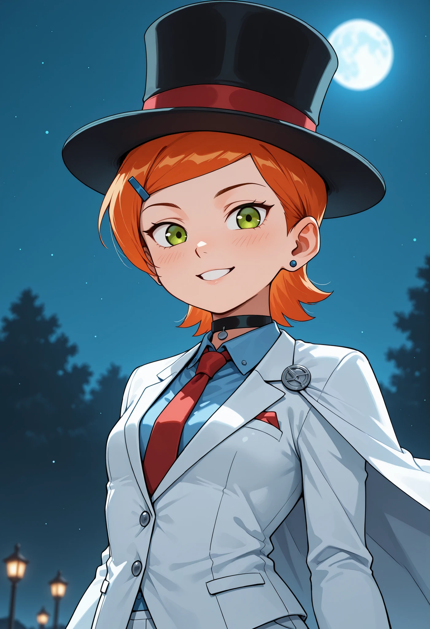 Gwen Tennyson . ginger . short hair . green eyes . small breasts, medium hips . chubby body . choker . | shirt, wjacket, dress_shirt, parted_lips, necktie, hat, night_sky, top_hat, outdoors, looking_at_viewer, moon, suit, shirt, red_necktie, jacket, sky, white_suit, upper_body, grin, white_cape, formal, full_moon, depth_of_field, solo, blurry, night, cape,