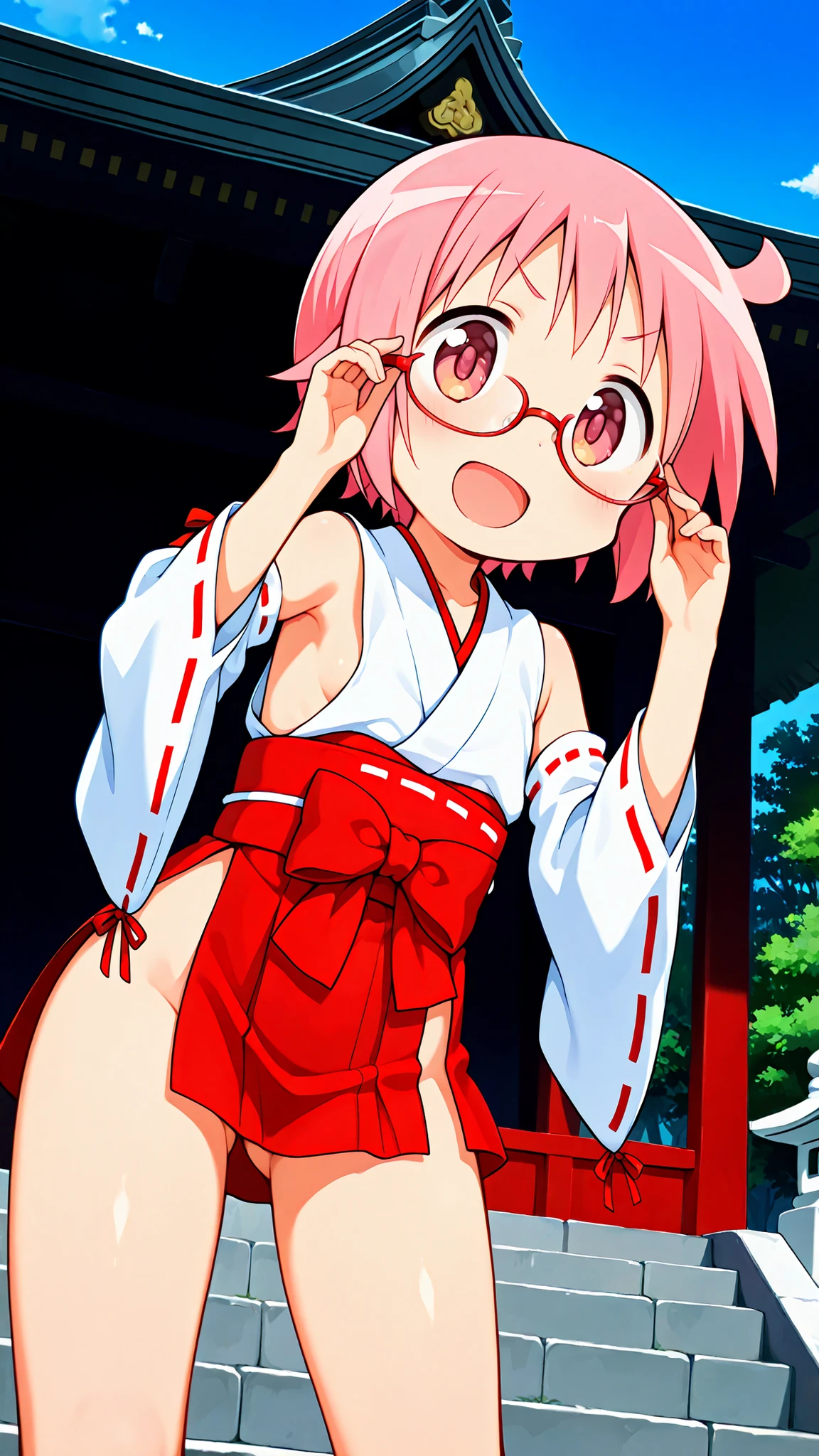 nonohara yuzuko, pink hair, short hair,ahoge, pink eyes,bangs,((anime style)),score_9, score_8_up, score_7_up, source_anime,solo,1girl, ((miko)),((mini slit red skirt)),((((slit skirt)))),ass visible through thighs,((Obi)) ,((Obi knot)), (flat chest) , ((side boob)) , (No panties) , ((exposed shoulders)) ,((detached white sleeves)),(ribbon-trimmed sleeves),happy,((Shrine grounds)),((blue sky)),v-shaped eyebrows,looking at viewers,((((glimpse of her thighs)))),(standing),(((both hands on glasses both string))),(leaning forward),