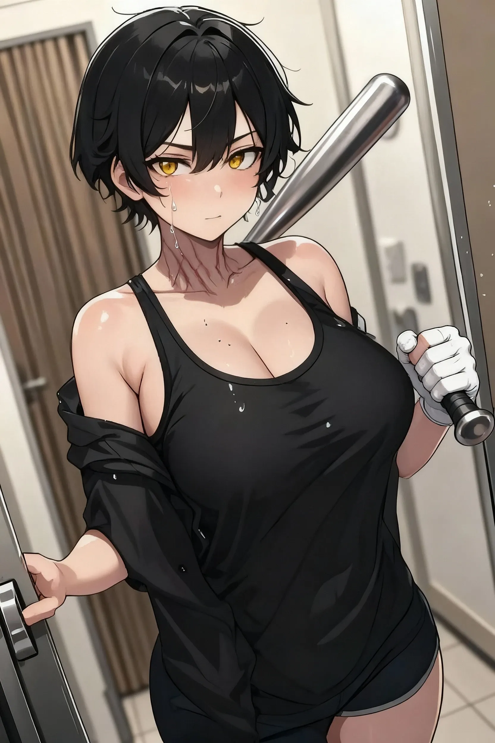 sad girl muscular girl pale skin black hair yellow eyes pale skin muscular girl sad massive  angry blush