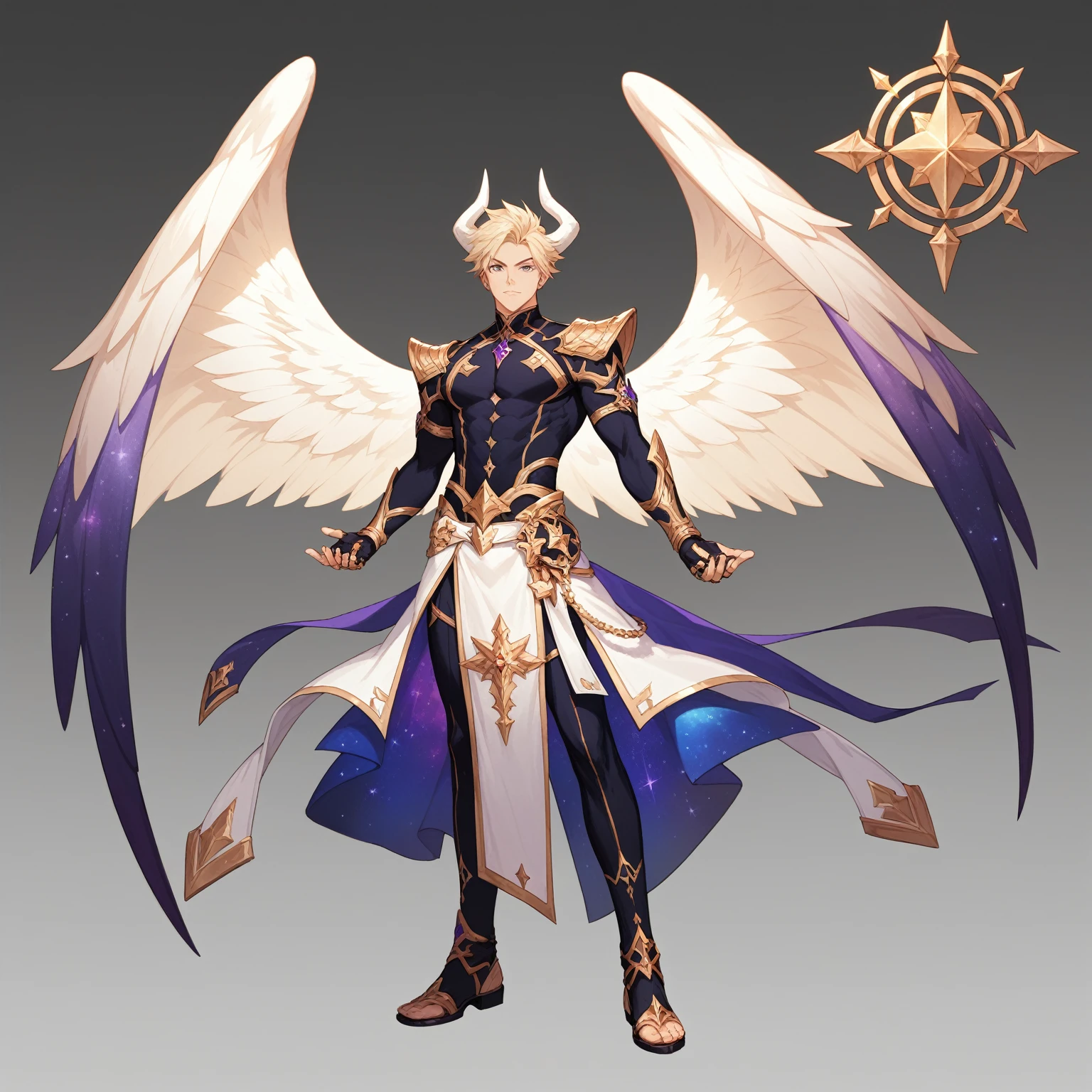 ((Masterpiece, Highest quality)), Male, boy, Detailed face, character design sheet， full bodyesbian, Full of details, frontal body view, back body view, Highly detailed, Depth, Many parts, angel wings, angel outfit, Muscle boy with blond hair，handsome man, male angel , man tall, pectoral muscle, abs