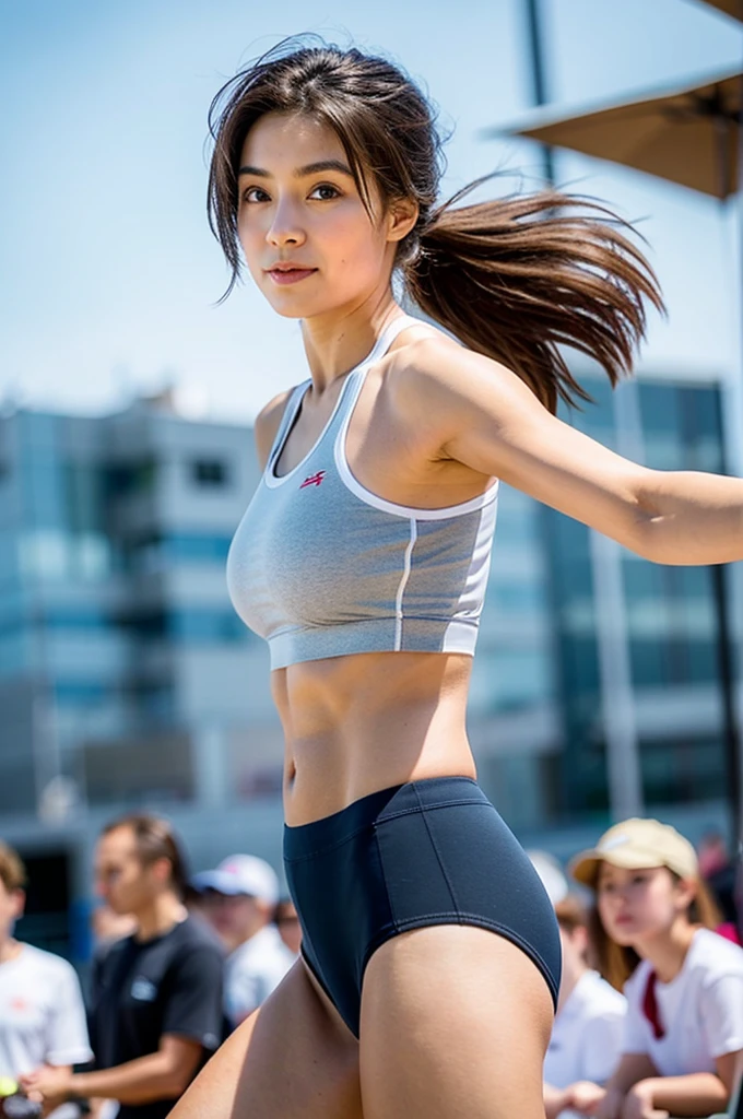 zydG, ((Cowboy Shot)),((From below)), 1girl in, Front view, to stand, Look at viewers, Exposed skin, (From below),Brown-eyed, (Brown-up hairstyles:1.2), (Light hair), (:1.4), smile with white teeth, (Photorealsitic:1.4), (Top image quality:1.0), (超A high resolution:1.0), 8K, Raw photography, (​masterpiece:0.2), track and field uniforms, Show abs, (Sweat, Wetty:1.1), portlate, facefocus, fullllbody,(pureerosface_v1:0.5), plein air, track and field,