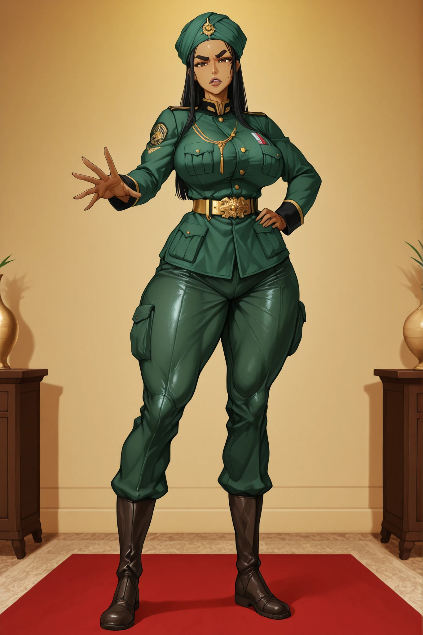 Tall Middle Eastern woman, age 26, with long straight black hair reaching her waist, dark almond-shaped brown eyes, thick natural eyebrows, full lips, and golden olive skin with Mediterranean features. She has a serious expression by default, with a proud and elegant posture. Her physique is athletic and feminine: large firm breasts (D cup), defined waist, broad shoulders, toned arms, wide hips, thick toned thighs, and long legs.
She wears a ceremonial green military uniform: tight tunic with golden belt, fitted trousers, and tall leather boots up to the knee. On her head, a green turban with a golden insignia. She carries herself with military discipline but a natural feminine sway.
Setting: luxurious palace banquet at night, soft golden lights, red carpets, and decorated tables in the background. Semi-realistic cartoon/anime style, sharp focus, detailed textures.