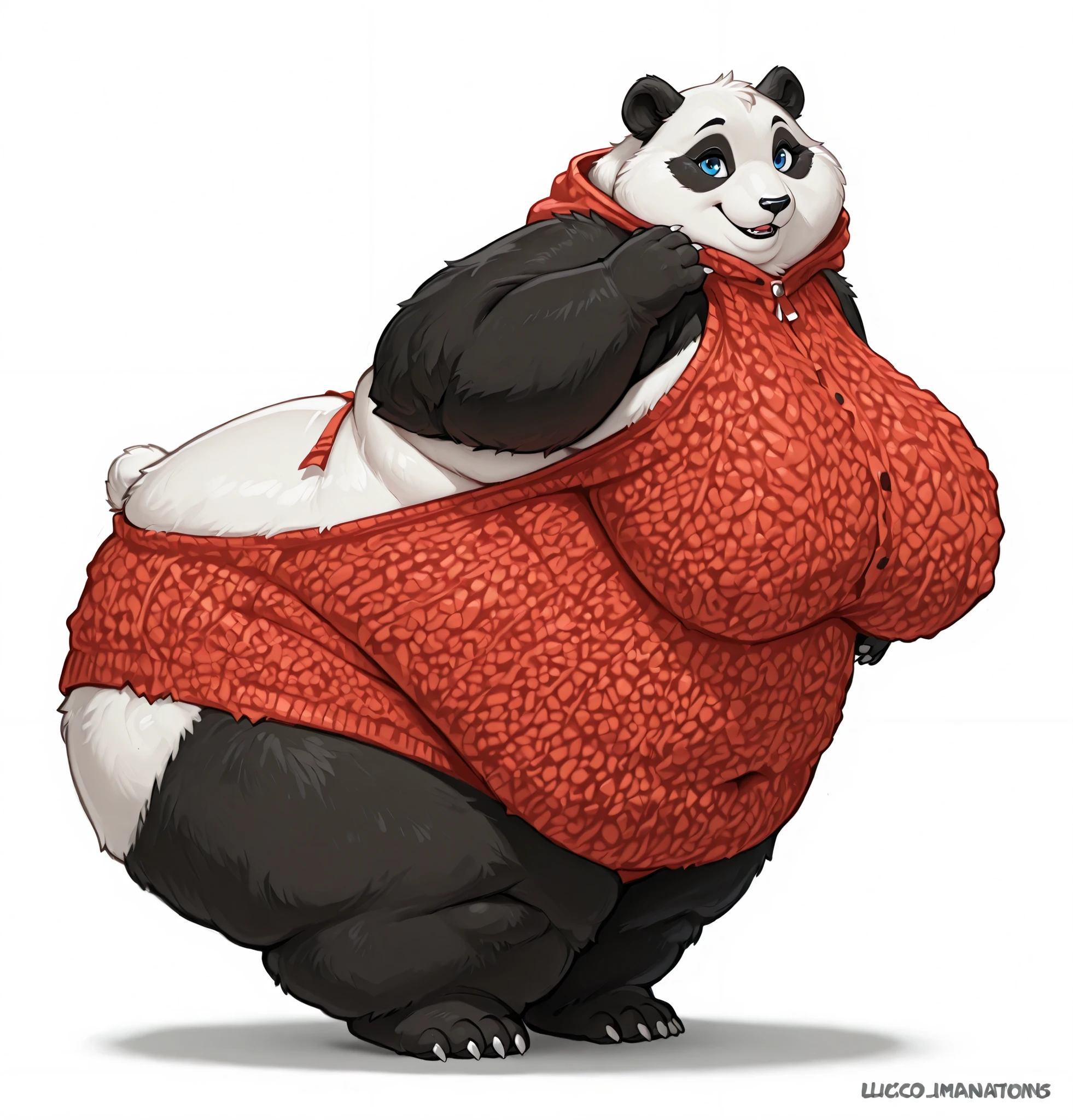 
Panda girl, adorable anthropomorphic panda with mischievous look and sensual pose, extremely obese, overweight, increased weight, Immovable thickness, navel, Inciting composition, natural landscape, mountain with waterfalls in the background, Bright daylight, images in 4k, detailed, full body, nipples, large and wide breasts, detailed face, blue eyes, fully detailed face, detailed panda paws, ((detailed panda claws)), ocico de panda detailed, shadows, illuminations.