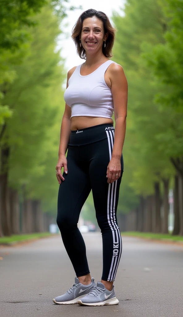 Ultra realistic image of a beautiful black woman wearing glasses, nike gym clothes, black leggings and white sneakers walking down the street. 4k