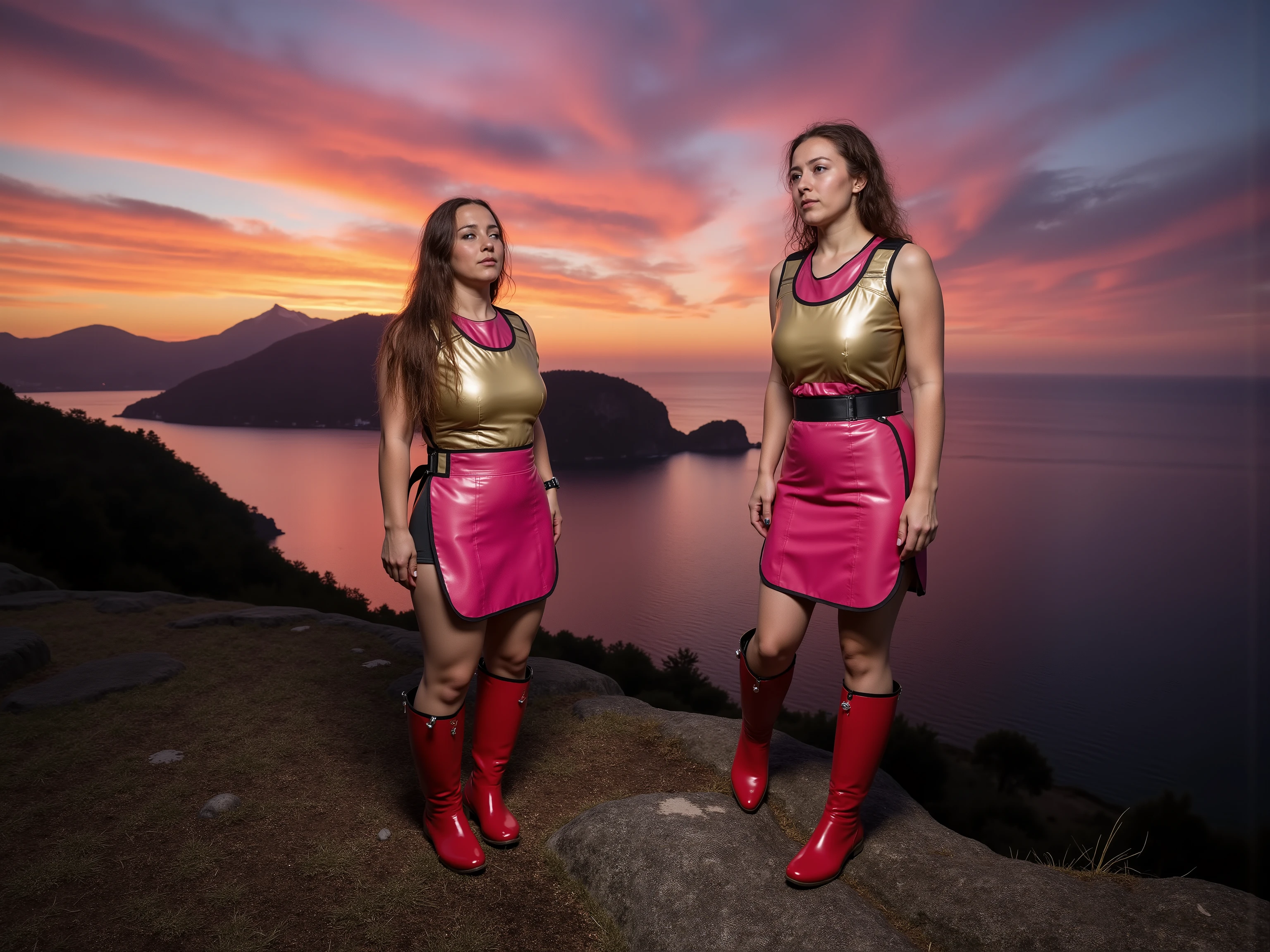 HDR image, at a dramatic sunset on the side of a mountain, overlooking the ocean with an island in the distance, a woman wears a shining gold leather harness over a pink latex lead apron, the woman wears knee high red boots