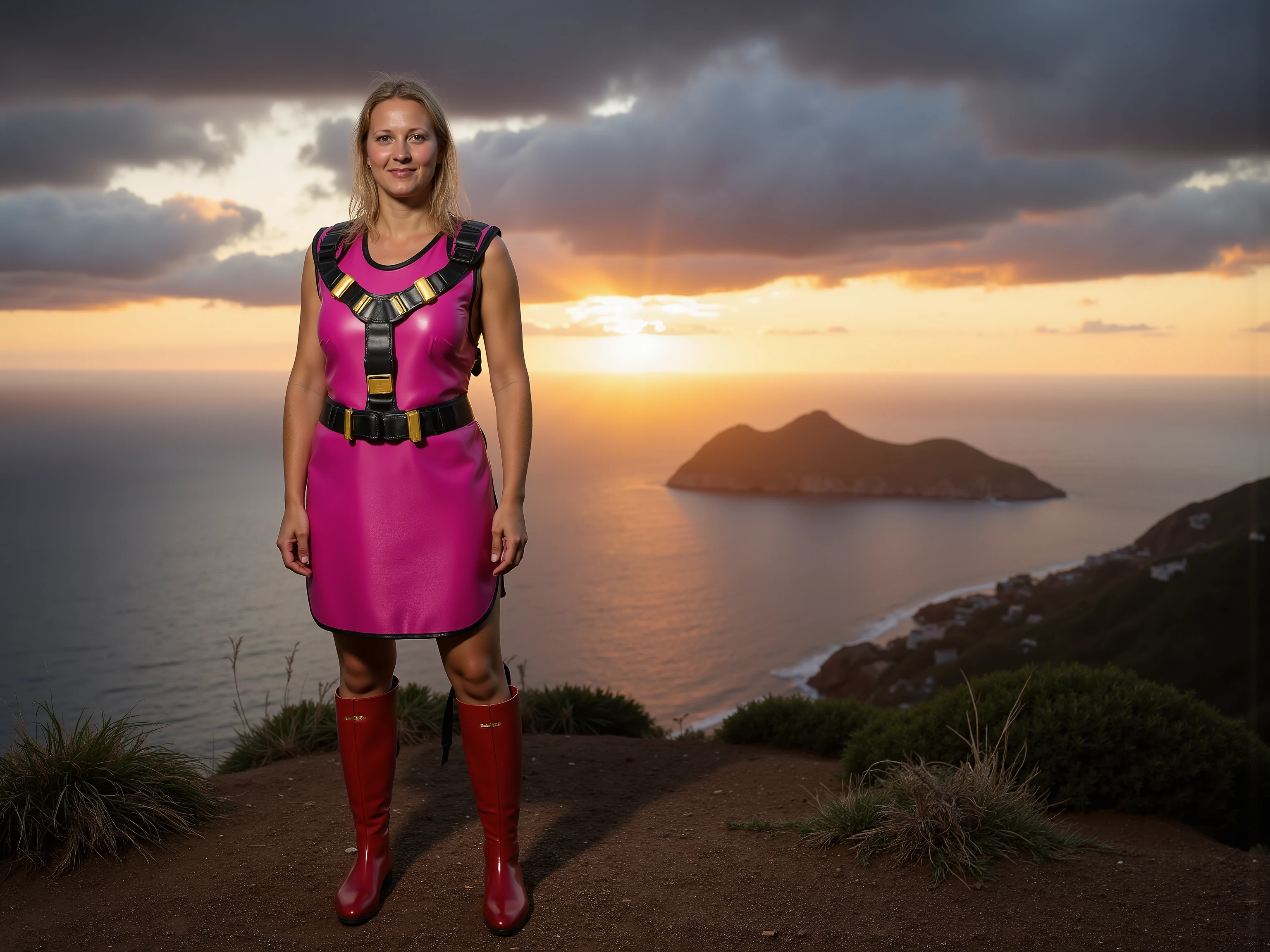 HDR image, at a dramatic sunset on the side of a mountain, overlooking the ocean with an island in the distance, a woman wears a shining gold leather harness over a pink latex lead apron, the woman wears knee high red boots