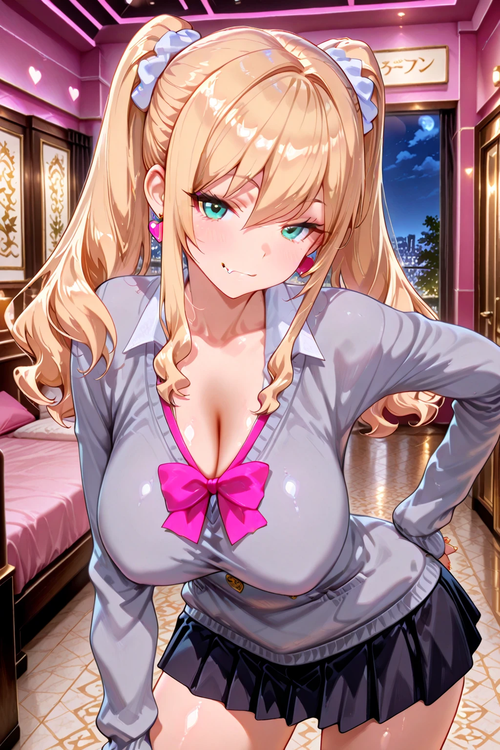 score_9, score_8_up, score_7_up,  source_anime, 1girl, solo, absolutely resolution, upper body, 
 <lora:bachiboko_piercing_ojousama_v1-rev3:0.9> bachiboko_piercing_ojousama, blonde hair, blue eyes, large breasts, half-closed eyes, 
perky breasts, (puffy nipples:1.3), large areolae, completely nude, 
anti-eyebrow piercings, tongue piercing, blue ribbon piercing, neck piercing, heart shaped nipple piercing, navel piercing, nail polish,
blush, light smile, embarrassed, open mouth, 
from side, from front, from from above, looking up, looking at viewer, 
dark theme,  hotel, bedroom, at night,