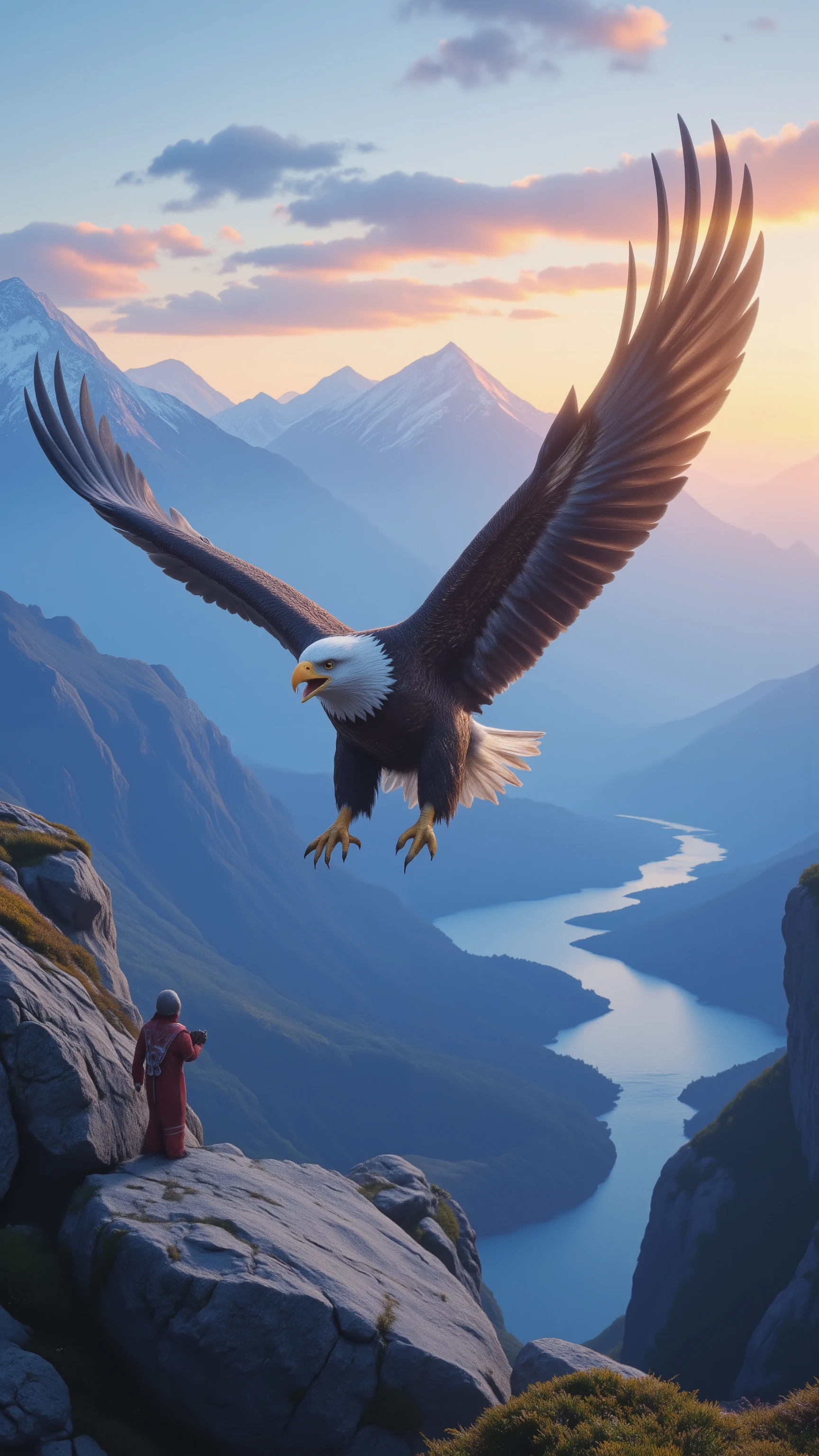 high definition画像で,Wings of a large eagle, Flying majestically over the far above the rocky mountains, American Eagle , dynamic, ((( One Big Eagle )))), high definition, DIGITAL PAINTING, detailed images, 4K、Rocky Mountain and Ocean Background