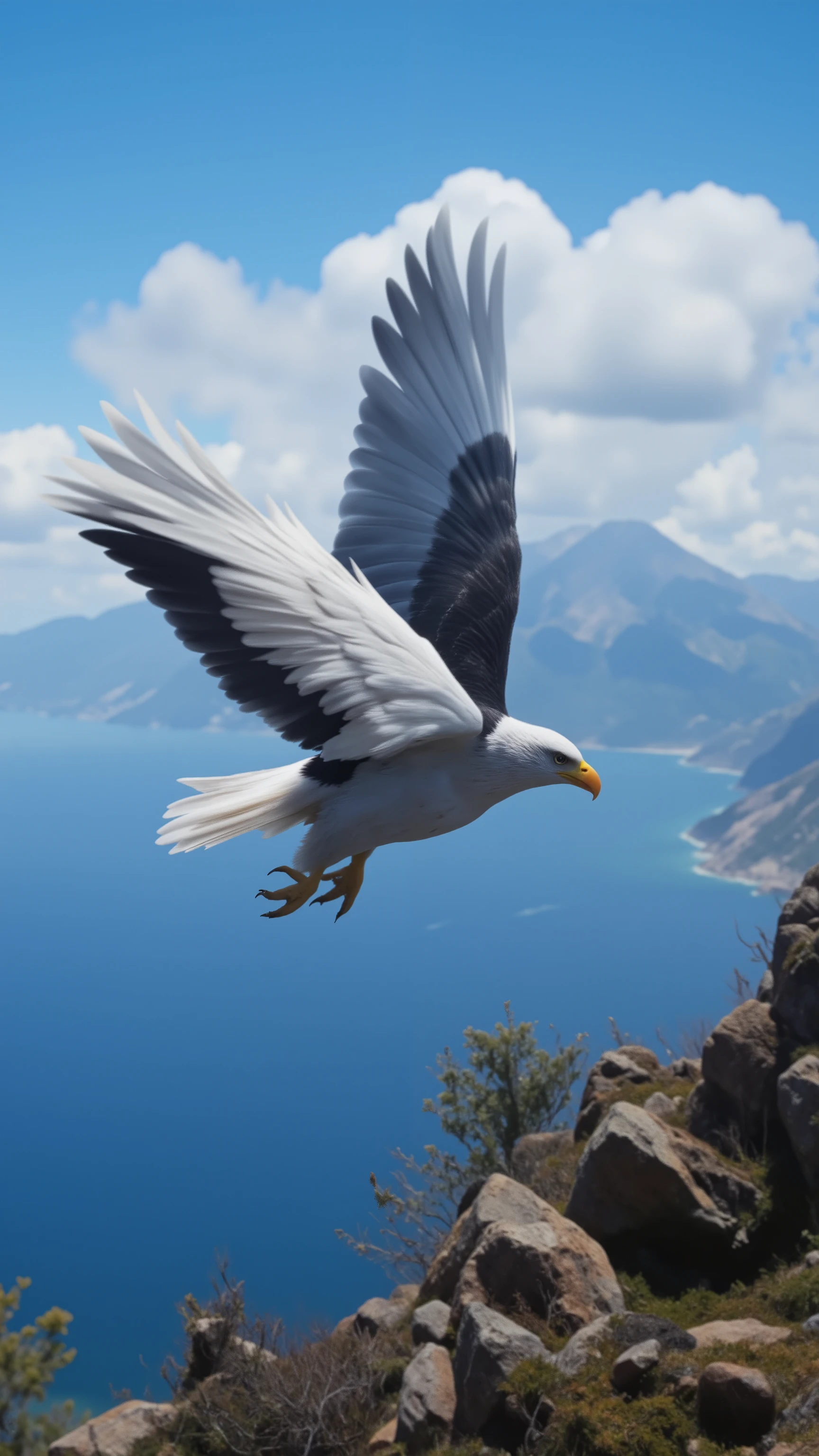 high definition画像で,Wings of a large eagle, Flying majestically over the far above the rocky mountains, American Eagle , dynamic, ((( One Big Eagle )))), high definition, DIGITAL PAINTING, detailed images, 4K、Rocky Mountain and Ocean Background