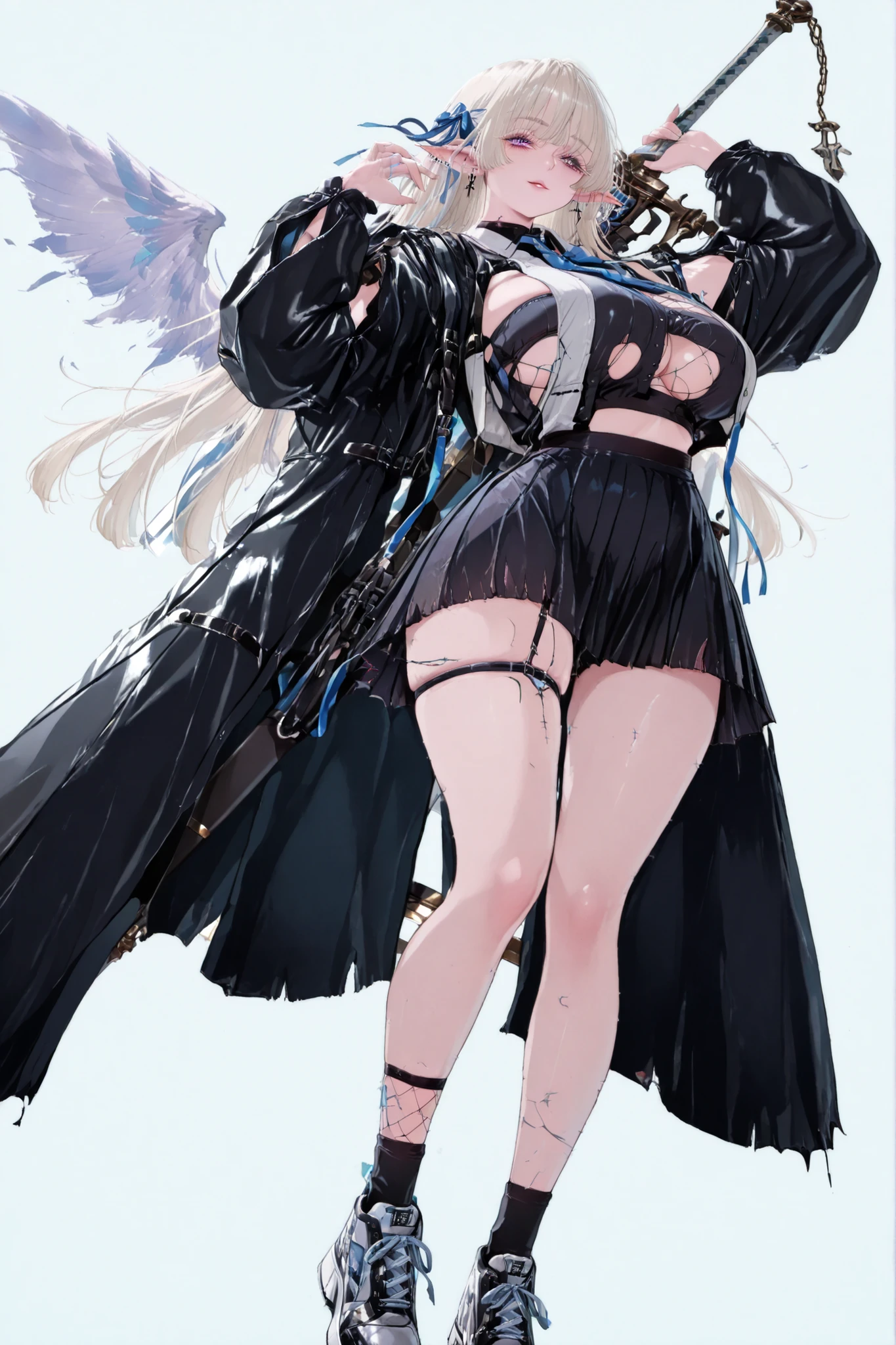   8k wallpaper、    top quality 、masterpiece,   748cm スThailandル   、sexy short black school uniform,   woman 1 person、ribbon、piercings and earrings on her ears,  pointy elf ears, black ripped school skirt、 cute black oversized coat with puffy sleaves with open sholders, chains and Accessories on clothes,  dark pantyhose and fishnet、 black knee socks 、rororogi mogera、 style strap 、 Thailand、  pantyhose、、pastel blond hair with pink lines、blond albino eyelashes   、   long hair falling down her chest、  Underbob  、blue ribbon bow in the head、  Pretty pastel purple Eyes、  wide hips、Protruding thighs   、 pale pinky skin,   very big breasts 、close up,  Light blue background 、open chest area dress,   simple background、lazy smile、 high detail design, standing up、boob window, leaning down towards the camera, making a cute pose with her hands, fullbody, , huge sword on her back, punk style clothes, chest fishnet top, fishnet stocking, big cute black sport plataform sneakers, street's style, gun sheath, wings behind her ears.