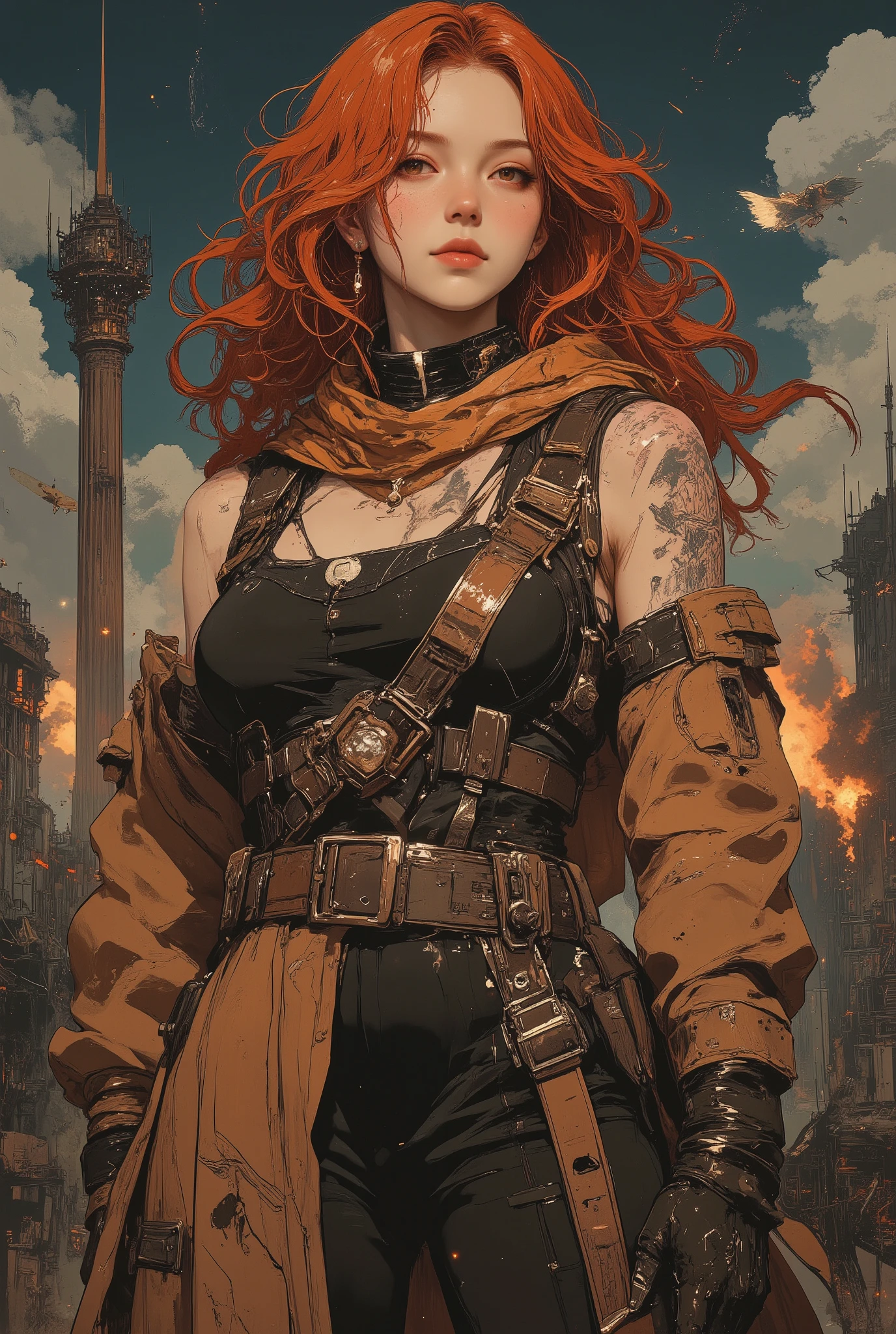 female, age 23, Height: 5’8”
Build: Feminine curvy silhouette that conceals wiry, trained muscle under softness.
Hair: Long, flame-red, wavy .
Eyes: Warm cognac brown, soft as if they’re always laughing with you.
Face: Friendly features; freckles; dimples when smiles.
Clothing Style: Practical combat gear softened by playful touches: scarves, dangling baubles, mismatched charms- that hides the lethal precision of her movements.
Notable Features: A body laced with scars from countless battles - Always hidden beneath sleeves, scarves, or clothing.
Scent: Cinnamon, sun-warmed metal, campfire smoke.
Personality: Radiant, approachable, playful. The friend who laughs at your jokes, listens to your worries, and lifts burdens without you noticing. The kind of person everyone feels they know and trust. Inspires hope & steadiness in others. But Inwardly hidden: Unforgiving, relentless, and merciless toward monsters and herself. Tireless in training, relentlessly improving. Refuses comfort for herself
Setting: a world where the heavens have split apart and chthonic creatures are climbing into them from the cracks. The civilization has fallen and rebelled, the ruins are adjacent to flying cities full of a mixture of magic and high technology.