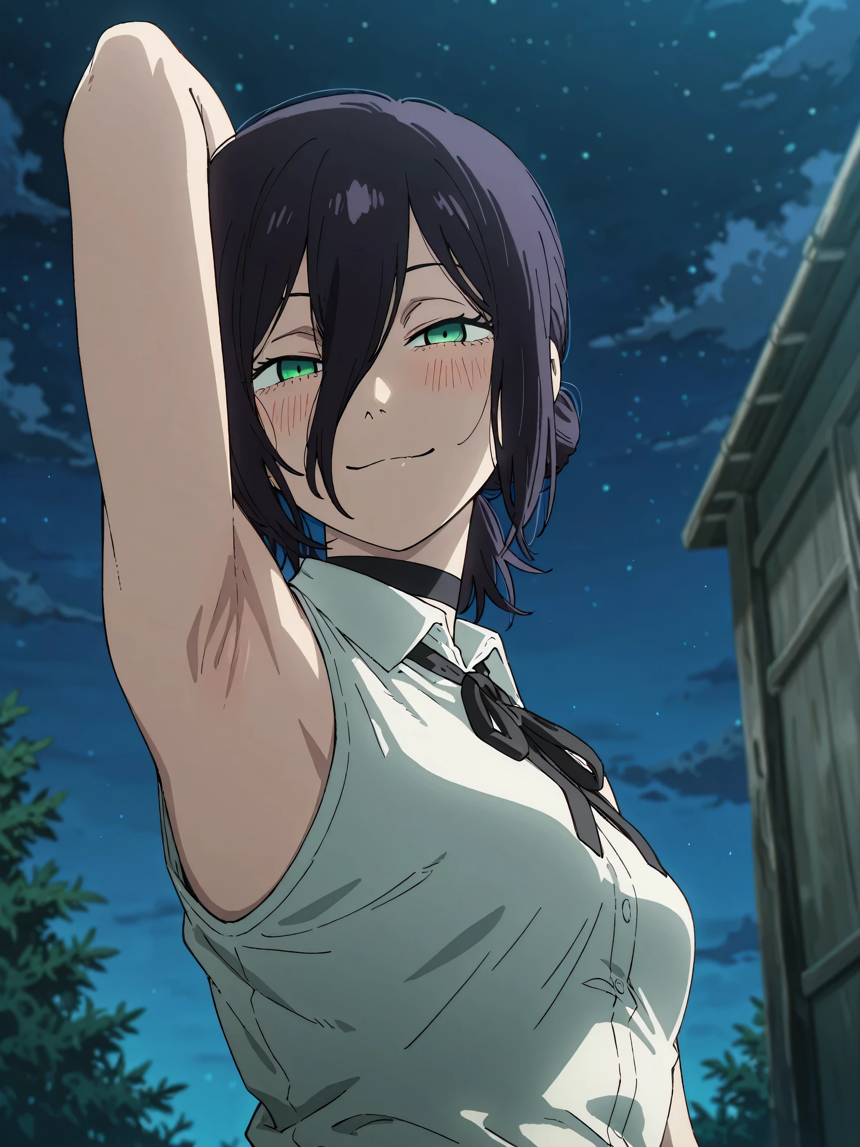 masterpiece, best quality, amazing quality, anime screencap, anime coloring, 1girl, solo, rezeanime, anime, chainsaw man, reze \(chainsaw man\), green eyes, medium hair, hair between eyes, single hair bun, choker, collared shirt, sleeveless shirt, neck ribbon, sleeveless shirt, bare shoulders, arm behind head, armpit, armpit focus, head towards viewer, looking at viewer, smile, half-closed eyes, blush, closed mouth, outdoors, night, from side, from below