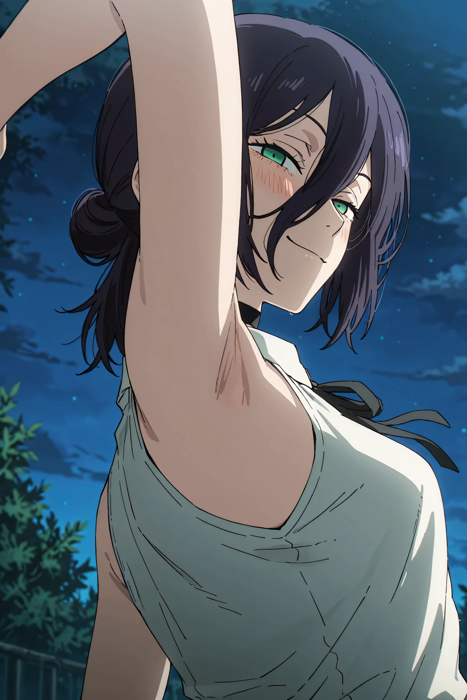 masterpiece, best quality, amazing quality, anime screencap, anime coloring, 1girl, solo, rezeanime, anime, chainsaw man, reze \(chainsaw man\), green eyes, medium hair, hair between eyes, single hair bun, choker, collared shirt, sleeveless shirt, neck ribbon, sleeveless shirt, bare shoulders, arm up, raised arm, armpit, armpit focus, head towards viewer, looking at viewer, smile, smug, half-closed eyes, blush, closed mouth, outdoors, night, from side, from below, (from behind:1.2)