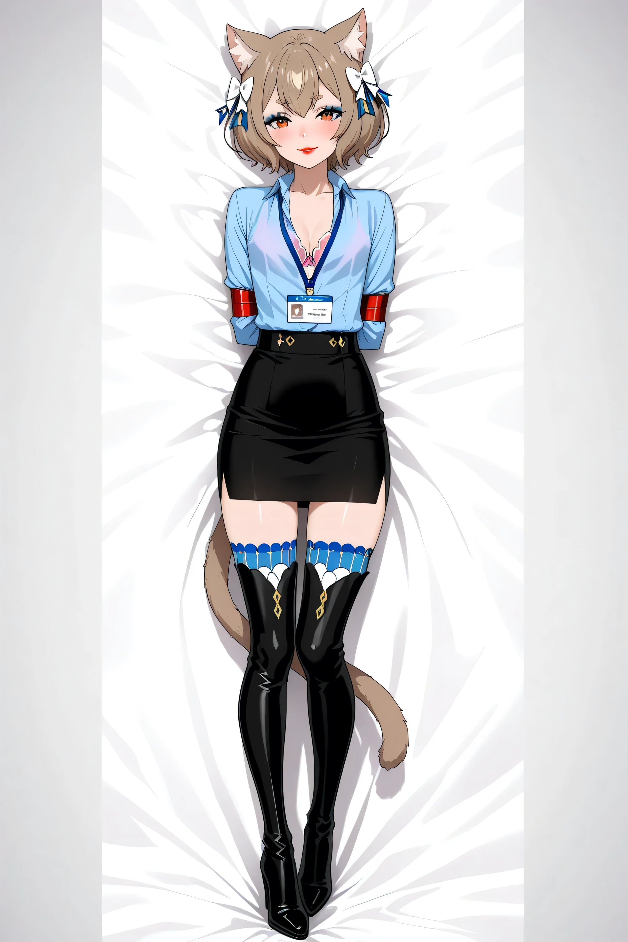 light blue shirt, cleavage, pink bra, underwear, lanyard, black skirt, pencil skirt, bondage spreader arms, secretary1, bdsm felix argyle, short hair, bangs, brown hair,  animal ears, hair bow, male focus, cat ears, eyelashes, bob cut, thick eyebrows, white bow, otoko no ko, cat tail, small breast, id card, red lipstick, eyelashes, makeup,  glossy lips, black thigh high boots, full body, masterpiece, dakimakura, high resolution, blush, smile, looking at viewer, standing up, masterpiece, best quality, highly detailed, high quality facial features, red lipstick, perfect eyes, full body shown, seductive pose, blue eyeshadow,  smile, facing directly, 