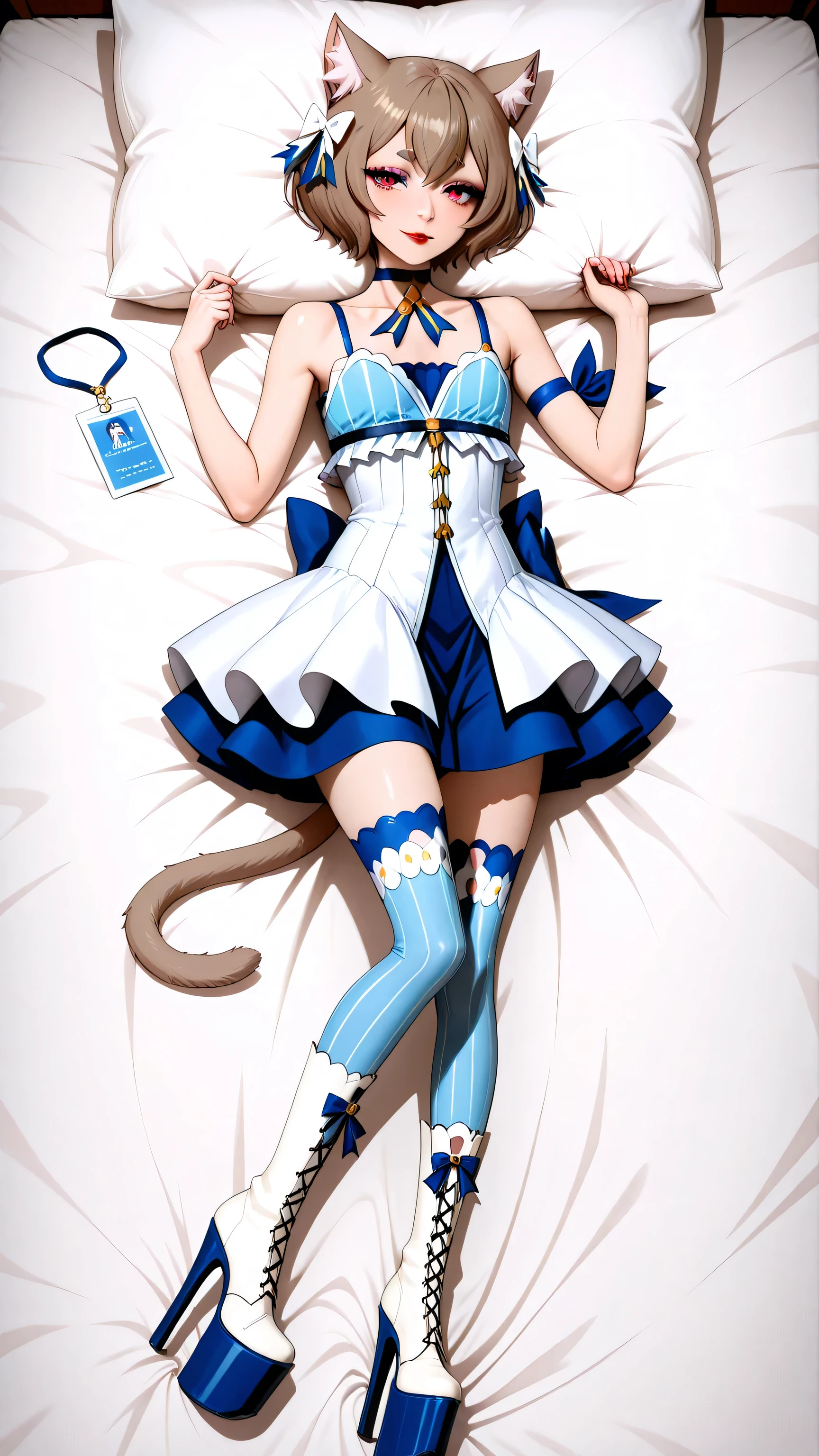 alt3rnativeshoes, felix argyle, short hair, bangs, brown hair, animal ears, hair bow, male focus, cat ears, eyelashes, bob cut, thick eyebrows, white bow, otoko no ko, cat tail, small breast, id card, red lipstick, eyelashes, makeup, glossy lips, black thigh high boots, platform boots, full body, masterpiece, dakimakura, high resolution, blush, smile, looking at viewer, laying in bed, masterpiece, best quality, highly detailed, high quality facial features, red lipstick, perfect eyes, full body shown, seductive pose, blue eyeshadow, smile, facing directly, Felix "Ferris" Argyle, surronded by high heel boots, 20 pairs of high heel shooes on bed, covered in high heel boots