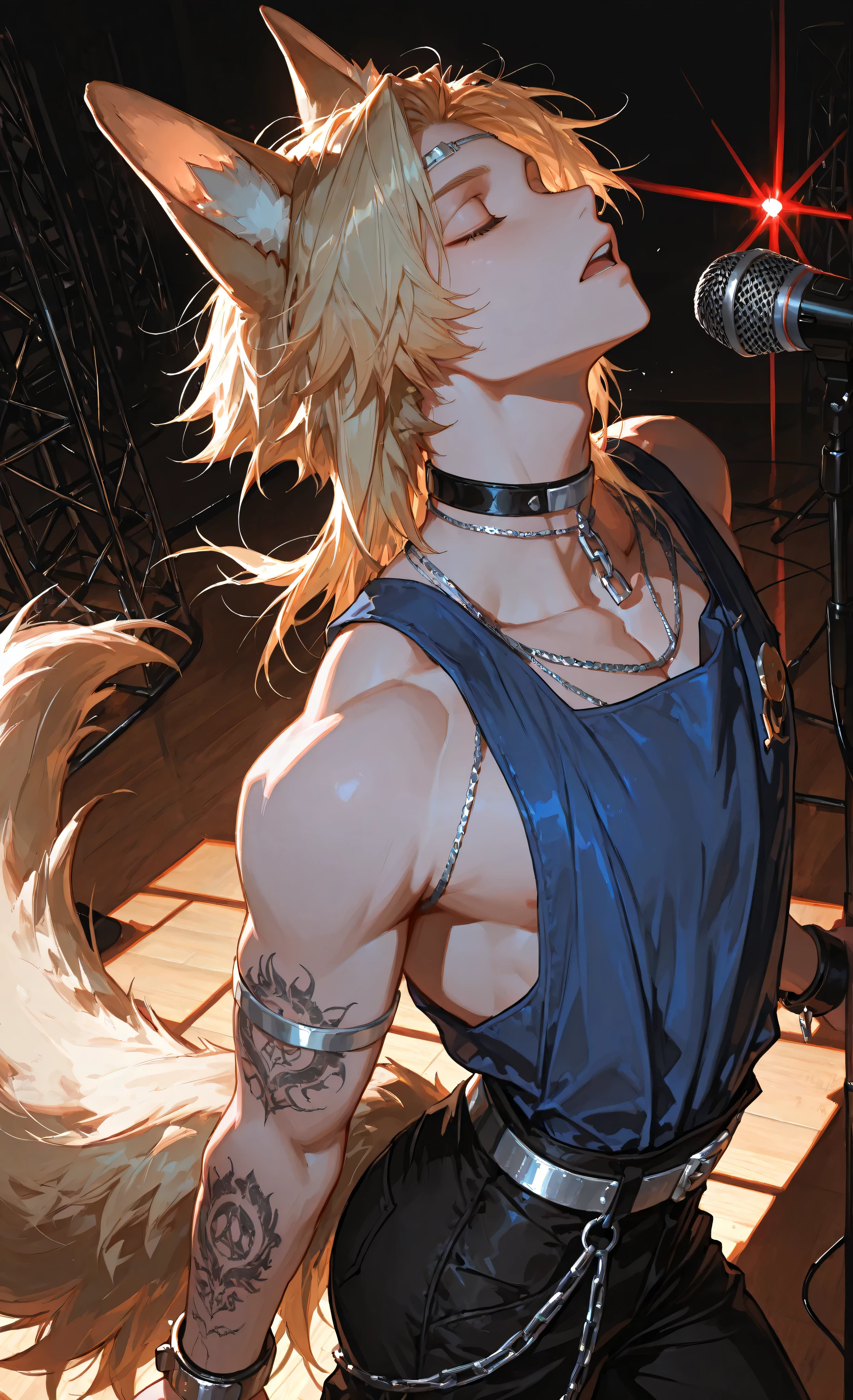 (kemonomimi_mode, animal_ears, no_human_ears, only_animal_ears,moody lighting, dramatic shadows, bloom lighting, colored shadows,masterpiece: 1.3, 8k: 1.3, Highest quality: 1.3, detail: 1.3, high resolution: 1.3, digital painting, super detail, 1male, Side view toned physique, Dynamic pose, hip-high frame) A dynamic illustration of fair-skinned male singer performing on stage. Masculine rude facial features. He has flowing, golden-blonde hair, styled to fall across his forehead, reflecting stage lights. His expression is intense, eyes closed, mouth open as if singing passionately into a microphone held in his right hand. There's a massive tattoo all over his arm. He's wearing a torn, sleeveless blue top revealing his bare shoulders and chest, and tight black pants and a silver buckle belt. Accessories include a choker, wristbands, and a chain. The lighting appears dramatic, casting strong shadows and highlights, with a bright, focused beam coming from above. The background is a deep blue, suggesting a darkened stage environment. The composition emphasizes the singer's energetic pose, leaning slightly into the microphone with his head tilted back. The overall style evokes a sense of musical performance and raw emotion, reminiscent of rock or pop art, with a painterly and expressive aesthetic. The effect of movement