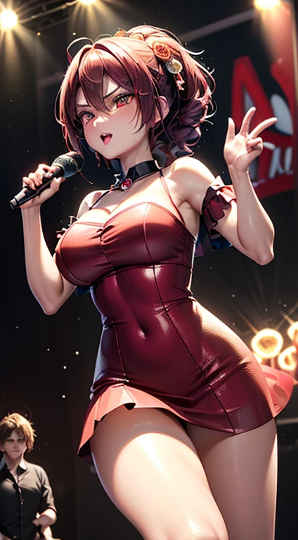 hi res, masterpiece, 8k, ????, (meiko | virtual singer), ???? curvy body, big ??????, ?????? expression, alluring face, ???? smile, (red mini dress: 1.6), (black fishnet pantyhose: 1.6), black g-string see-through ?????, red high heels, (dense brown pubic hair), on stage, bend forward in a ???? pose, night, stage illumination