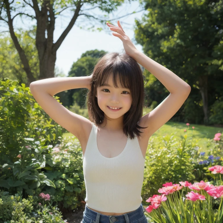 (masterpiece, Highest quality:1.2), One girl,alone, alone,Completely ,cute,masterpiece,Pretty and beautiful girl,Amami Haruka,(smile:1.2),Cowboy Shot,Braided sandals,The background is a colony of sunflowers,Sunlight sparkling,Realistic skin texture,Low - Angle、Completely 、