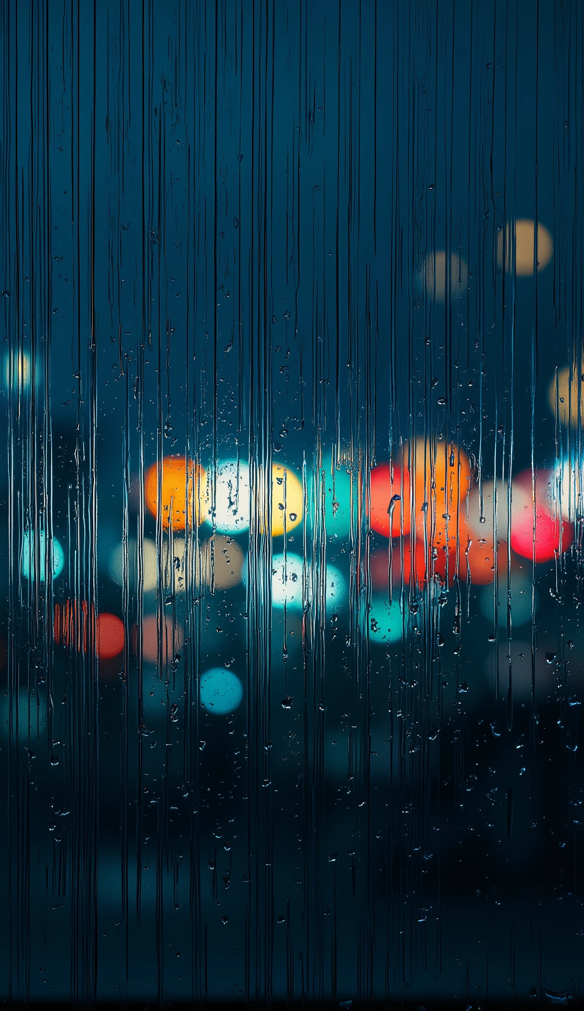 “Ultra high resolution, ultra HD minimalist illustration. A rainy night city view seen through a wet glass window. The glass is covered with countless raindrops and long vertical streaks of flowing water, detailed and glossy. Background is blurred with colorful city bokeh lights: glowing circles of blue, teal, red, orange, and yellow, softly diffused. The overall color palette is deep navy blue and black with vibrant neon highlights. Raindrops and streaks are sharply detailed in the foreground, reflecting the lights behind. Crisp, clean, vivid, elegant. Minimalist yet realistic composition, smooth atmosphere, sharp focus on water drops, soft blurred lights in the background.”