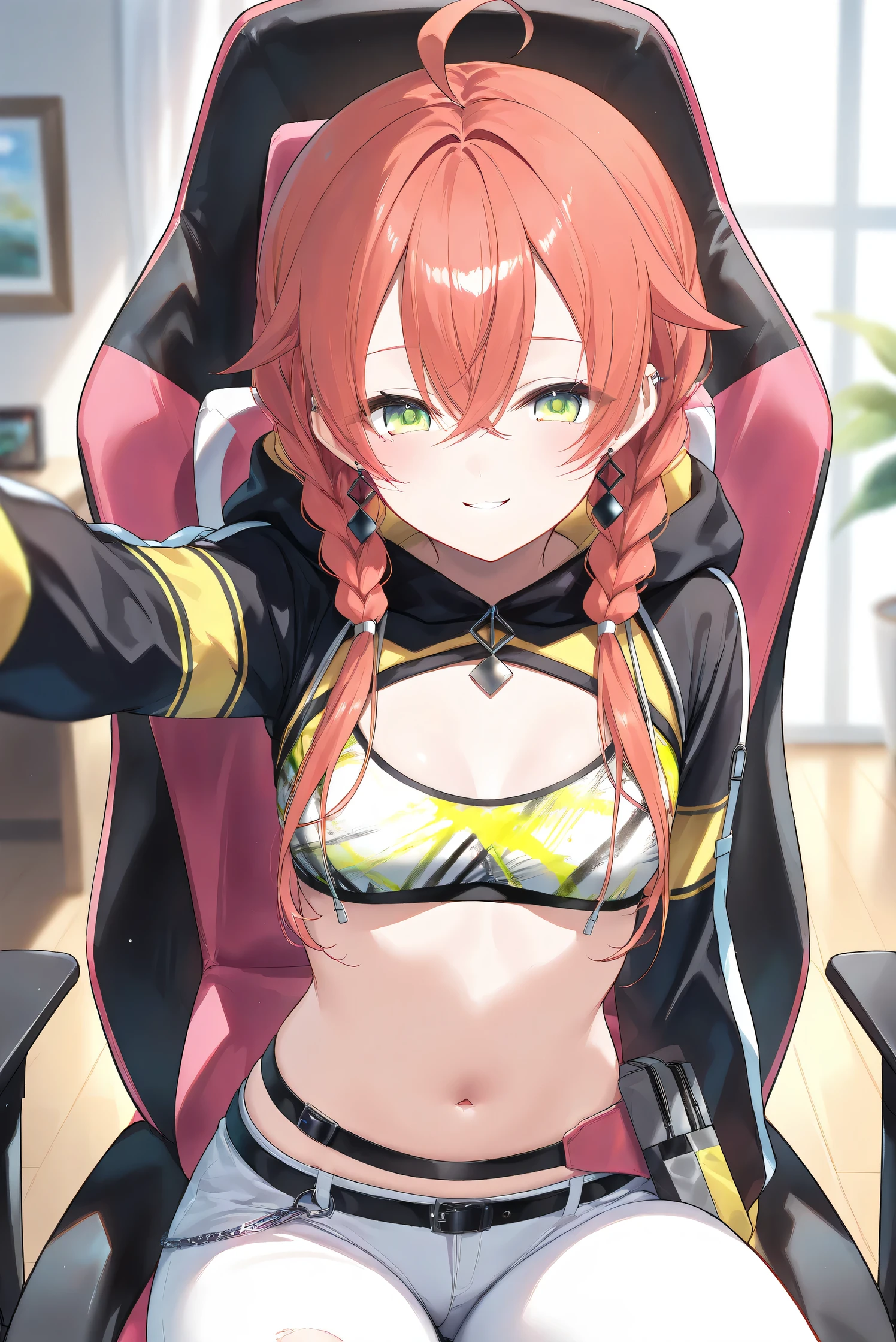 (Masterpiece), (Highest quality), (Very detailed), 
(The best shape), (Best Shadow), (Absurd), 
(Detailed background), (So beautiful), (Shiny), 
(Extraordinary), (Countershading), (8k), (32K), 
(High resolution), (Very Detailed CG), (UHD),

(Score_9), (Score_8_up), (Score_7_up), 
(Source_anime), (Pastel painting:1.2), 
(Watercolor painting:1.2),(Masterpiece, Detailed:1.2), (Foreshortening:1.2),

(Cinematic), (Dramatic), (Depth of field:1.4),
(Blurry background:1.4), (Realistic background:1.4),
(Foreshortening:1.3), (Dynamic angle), (1 girl), (solo), 

(indoor), (her room), (gaming chair), 

(Kuramochi Meruto), (Nijisanji), (Virtual youtuber), 

nijiakari, small breasts, green eyes, long eyelashes,
red hair, pink hair, orange hair, long hair, twin braids, bangs, ahoge, hair over shoulder, earring,

nijiakaricos, print crop top, midriff, stomach, navel, black belt, chain, pouch, white pants, long pants,
lowleg pants, torn pants, black shrug\(clothing\),
long sleeves, black hood, 

SA1stHairstyle, SA1stCostume, red hair, 
low twin braids, green eyes, eyelashes, ahoge, asymmetrical earrings, ear piercing, black hoodie, 
hood down, crop top, cleavage, torn pants, 

(cowboy shot), 
(focus on face), (close up shot), 
(blash:1.3), (smile), (happy), (parted lips), 
(hood down), (droopy eyes:1.3), 
(sitting the gaming chair), 