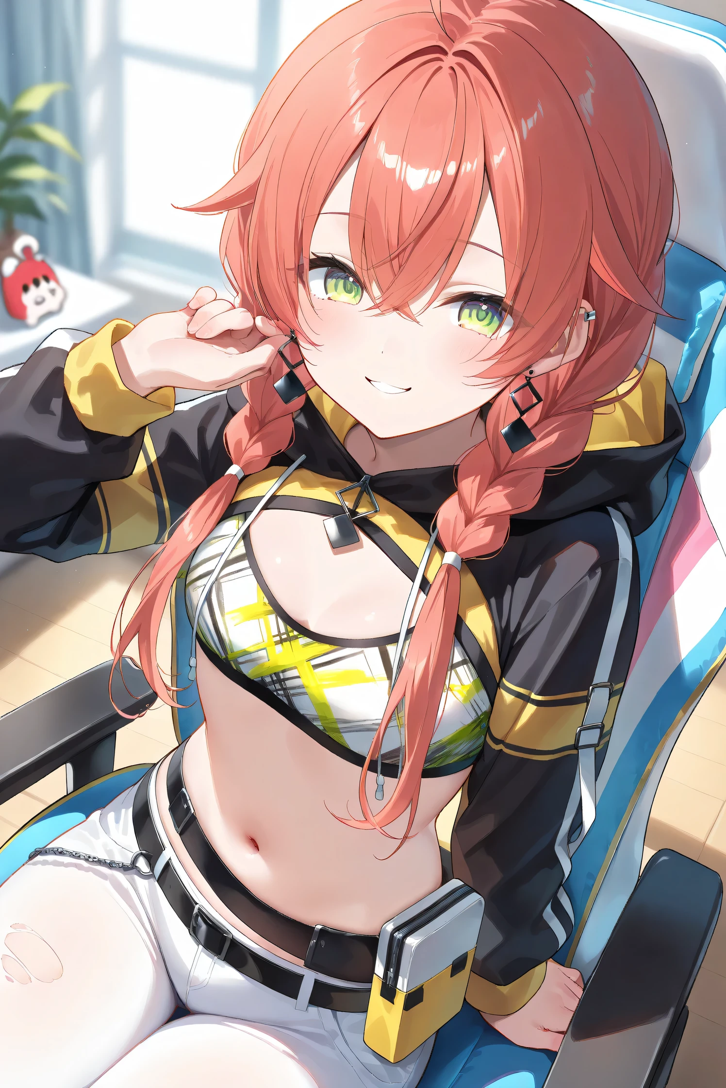 (Masterpiece), (Highest quality), (Very detailed), 
(The best shape), (Best Shadow), (Absurd), 
(Detailed background), (So beautiful), (Shiny), 
(Extraordinary), (Countershading), (8k), (32K), 
(High resolution), (Very Detailed CG), (UHD),

(Score_9), (Score_8_up), (Score_7_up), 
(Source_anime), (Pastel painting:1.2), 
(Watercolor painting:1.2),(Masterpiece, Detailed:1.2), (Foreshortening:1.2),

(Cinematic), (Dramatic), (Depth of field:1.4),
(Blurry background:1.4), (Realistic background:1.4),
(Foreshortening:1.3), (Dynamic angle), (1 girl), (solo), 

(indoor), (her room), (gaming chair), 

(Kuramochi Meruto), (Nijisanji), (Virtual youtuber), 

nijiakari, small breasts, green eyes, long eyelashes,
red hair, pink hair, orange hair, long hair, twin braids, bangs, ahoge, hair over shoulder, earring,

nijiakaricos, print crop top, midriff, stomach, navel, black belt, chain, pouch, white pants, long pants,
lowleg pants, torn pants, black shrug\(clothing\),
long sleeves, black hood, 

SA1stHairstyle, SA1stCostume, red hair, 
low twin braids, green eyes, eyelashes, ahoge, asymmetrical earrings, ear piercing, black hoodie, 
hood down, crop top, cleavage, torn pants, 

(cowboy shot), 
(focus on face), (close up shot), 
(blash:1.3), (smile), (happy), (parted lips), 
(hood down), (droopy eyes:1.3), 
(sitting the gaming chair), 