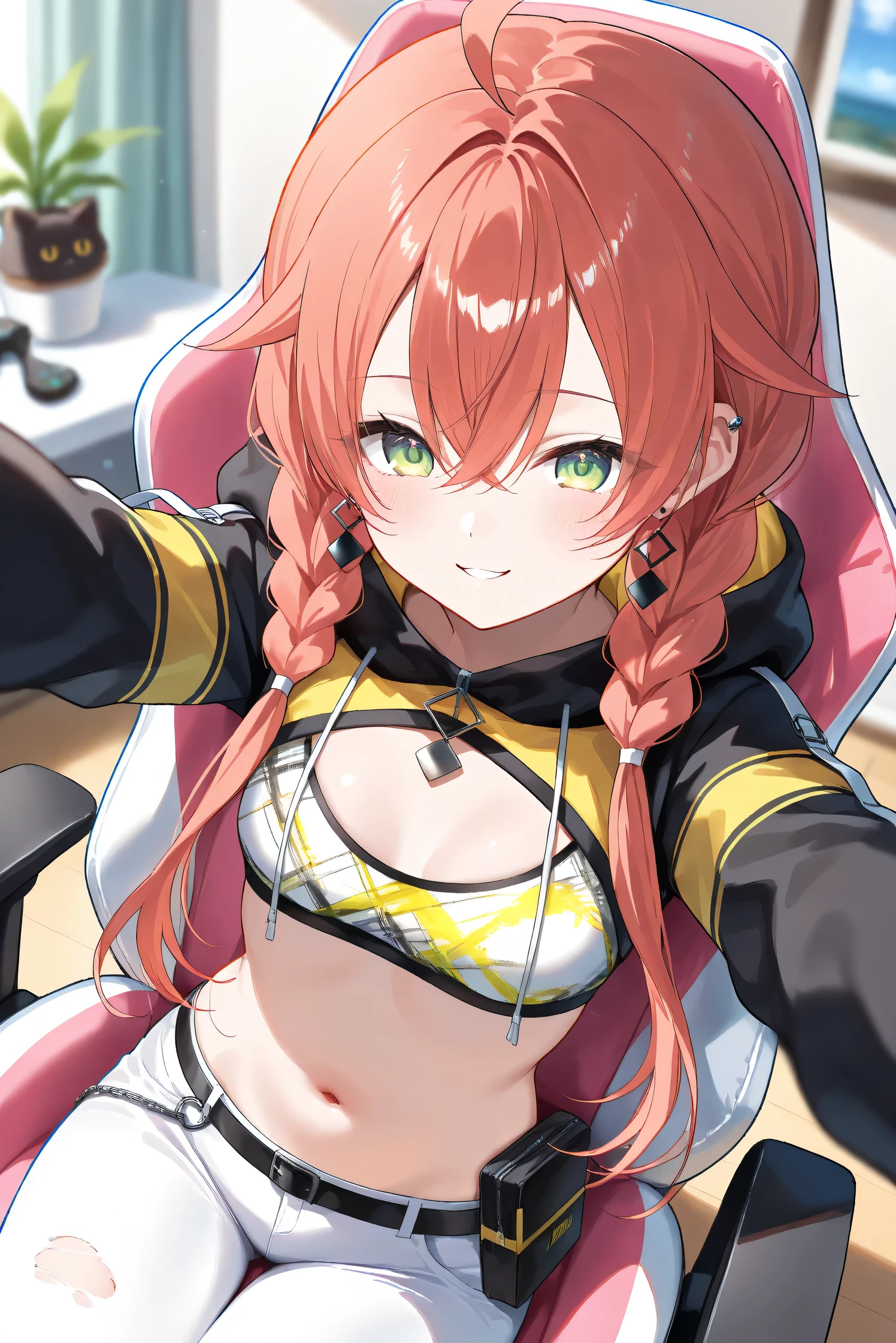 (Masterpiece), (Highest quality), (Very detailed), 
(The best shape), (Best Shadow), (Absurd), 
(Detailed background), (So beautiful), (Shiny), 
(Extraordinary), (Countershading), (8k), (32K), 
(High resolution), (Very Detailed CG), (UHD),

(Score_9), (Score_8_up), (Score_7_up), 
(Source_anime), (Pastel painting:1.2), 
(Watercolor painting:1.2),(Masterpiece, Detailed:1.2), (Foreshortening:1.2),

(Cinematic), (Dramatic), (Depth of field:1.4),
(Blurry background:1.4), (Realistic background:1.4),
(Foreshortening:1.3), (Dynamic angle), (1 girl), (solo), 

(indoor), (her room), (gaming chair), 

(Kuramochi Meruto), (Nijisanji), (Virtual youtuber), 

nijiakari, small breasts, green eyes, long eyelashes,
red hair, pink hair, orange hair, long hair, twin braids, bangs, ahoge, hair over shoulder, earring,

nijiakaricos, print crop top, midriff, stomach, navel, black belt, chain, pouch, white pants, long pants,
lowleg pants, torn pants, black shrug\(clothing\),
long sleeves, black hood, 

SA1stHairstyle, SA1stCostume, red hair, 
low twin braids, green eyes, eyelashes, ahoge, asymmetrical earrings, ear piercing, black hoodie, 
hood down, crop top, cleavage, torn pants, 

(cowboy shot), 
(focus on face), (close up shot), 
(blash:1.3), (smile), (happy), (parted lips), 
(hood down), (droopy eyes:1.3), 
(sitting the gaming chair), 