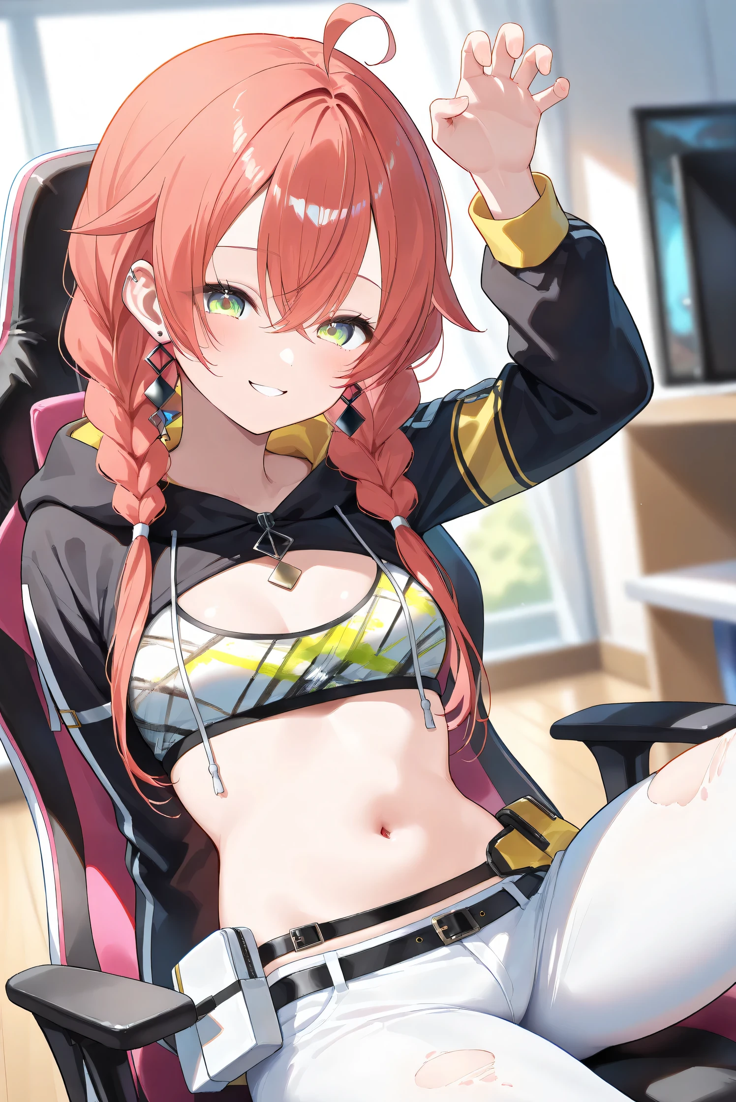 (Masterpiece), (Highest quality), (Very detailed), 
(The best shape), (Best Shadow), (Absurd), 
(Detailed background), (So beautiful), (Shiny), 
(Extraordinary), (Countershading), (8k), (32K), 
(High resolution), (Very Detailed CG), (UHD),

(Score_9), (Score_8_up), (Score_7_up), 
(Source_anime), (Pastel painting:1.2), 
(Watercolor painting:1.2),(Masterpiece, Detailed:1.2), (Foreshortening:1.2),

(Cinematic), (Dramatic), (Depth of field:1.4),
(Blurry background:1.4), (Realistic background:1.4),
(Foreshortening:1.3), (Dynamic angle), (1 girl), (solo), 

(indoor), (her room), (gaming chair), 

(Kuramochi Meruto), (Nijisanji), (Virtual youtuber), 

nijiakari, small breasts, green eyes, long eyelashes,
red hair, pink hair, orange hair, long hair, twin braids, bangs, ahoge, hair over shoulder, earring,

nijiakaricos, print crop top, midriff, stomach, navel, black belt, chain, pouch, white pants, long pants,
lowleg pants, torn pants, black shrug\(clothing\),
long sleeves, black hood, 

SA1stHairstyle, SA1stCostume, red hair, 
low twin braids, green eyes, eyelashes, ahoge, asymmetrical earrings, ear piercing, black hoodie, 
hood down, crop top, cleavage, torn pants, 

(cowboy shot), 
(focus on face), (close up shot), 
(blash:1.3), (smile), (happy), (parted lips), 
(hood down), (droopy eyes:1.3), 
(sitting the gaming chair), (crow pose), 