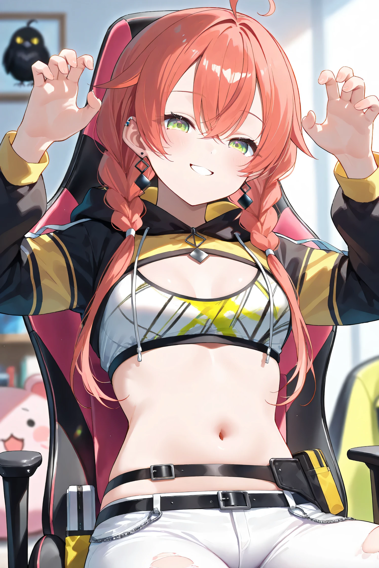 (Masterpiece), (Highest quality), (Very detailed), 
(The best shape), (Best Shadow), (Absurd), 
(Detailed background), (So beautiful), (Shiny), 
(Extraordinary), (Countershading), (8k), (32K), 
(High resolution), (Very Detailed CG), (UHD),

(Score_9), (Score_8_up), (Score_7_up), 
(Source_anime), (Pastel painting:1.2), 
(Watercolor painting:1.2),(Masterpiece, Detailed:1.2), (Foreshortening:1.2),

(Cinematic), (Dramatic), (Depth of field:1.4),
(Blurry background:1.4), (Realistic background:1.4),
(Foreshortening:1.3), (Dynamic angle), (1 girl), (solo), 

(indoor), (her room), (gaming chair), 

(Kuramochi Meruto), (Nijisanji), (Virtual youtuber), 

nijiakari, small breasts, green eyes, long eyelashes,
red hair, pink hair, orange hair, long hair, twin braids, bangs, ahoge, hair over shoulder, earring,

nijiakaricos, print crop top, midriff, stomach, navel, black belt, chain, pouch, white pants, long pants,
lowleg pants, torn pants, black shrug\(clothing\),
long sleeves, black hood, 

SA1stHairstyle, SA1stCostume, red hair, 
low twin braids, green eyes, eyelashes, ahoge, asymmetrical earrings, ear piercing, black hoodie, 
hood down, crop top, cleavage, torn pants, 

(cowboy shot), 
(focus on face), (close up shot), 
(blash:1.3), (smile), (happy), (parted lips), 
(hood down), (droopy eyes:1.3), 
(sitting the gaming chair), (crow pose), 
