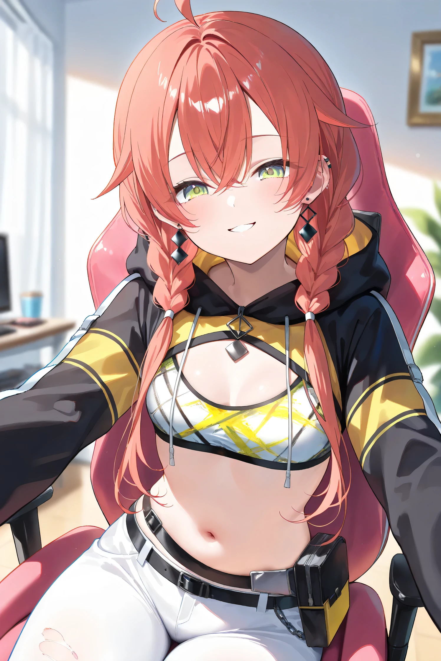 (Masterpiece), (Highest quality), (Very detailed), 
(The best shape), (Best Shadow), (Absurd), 
(Detailed background), (So beautiful), (Shiny), 
(Extraordinary), (Countershading), (8k), (32K), 
(High resolution), (Very Detailed CG), (UHD),

(Score_9), (Score_8_up), (Score_7_up), 
(Source_anime), (Pastel painting:1.2), 
(Watercolor painting:1.2),(Masterpiece, Detailed:1.2), (Foreshortening:1.2),

(Cinematic), (Dramatic), (Depth of field:1.4),
(Blurry background:1.4), (Realistic background:1.4),
(Foreshortening:1.3), (Dynamic angle), (1 girl), (solo), 

(indoor), (her room), (gaming chair), 

(Kuramochi Meruto), (Nijisanji), (Virtual youtuber), 

nijiakari, small breasts, green eyes, long eyelashes,
red hair, pink hair, orange hair, long hair, twin braids, bangs, ahoge, hair over shoulder, earring,

nijiakaricos, print crop top, midriff, stomach, navel, black belt, chain, pouch, white pants, long pants,
lowleg pants, torn pants, black shrug\(clothing\),
long sleeves, black hood, 

SA1stHairstyle, SA1stCostume, red hair, 
low twin braids, green eyes, eyelashes, ahoge, asymmetrical earrings, ear piercing, black hoodie, 
hood down, crop top, cleavage, torn pants, 

(cowboy shot), 
(focus on face), (close up shot), 
(blash:1.3), (smile), (happy), (parted lips), 
(hood down), (droopy eyes:1.3), 
(sitting the gaming chair), (crow pose), 