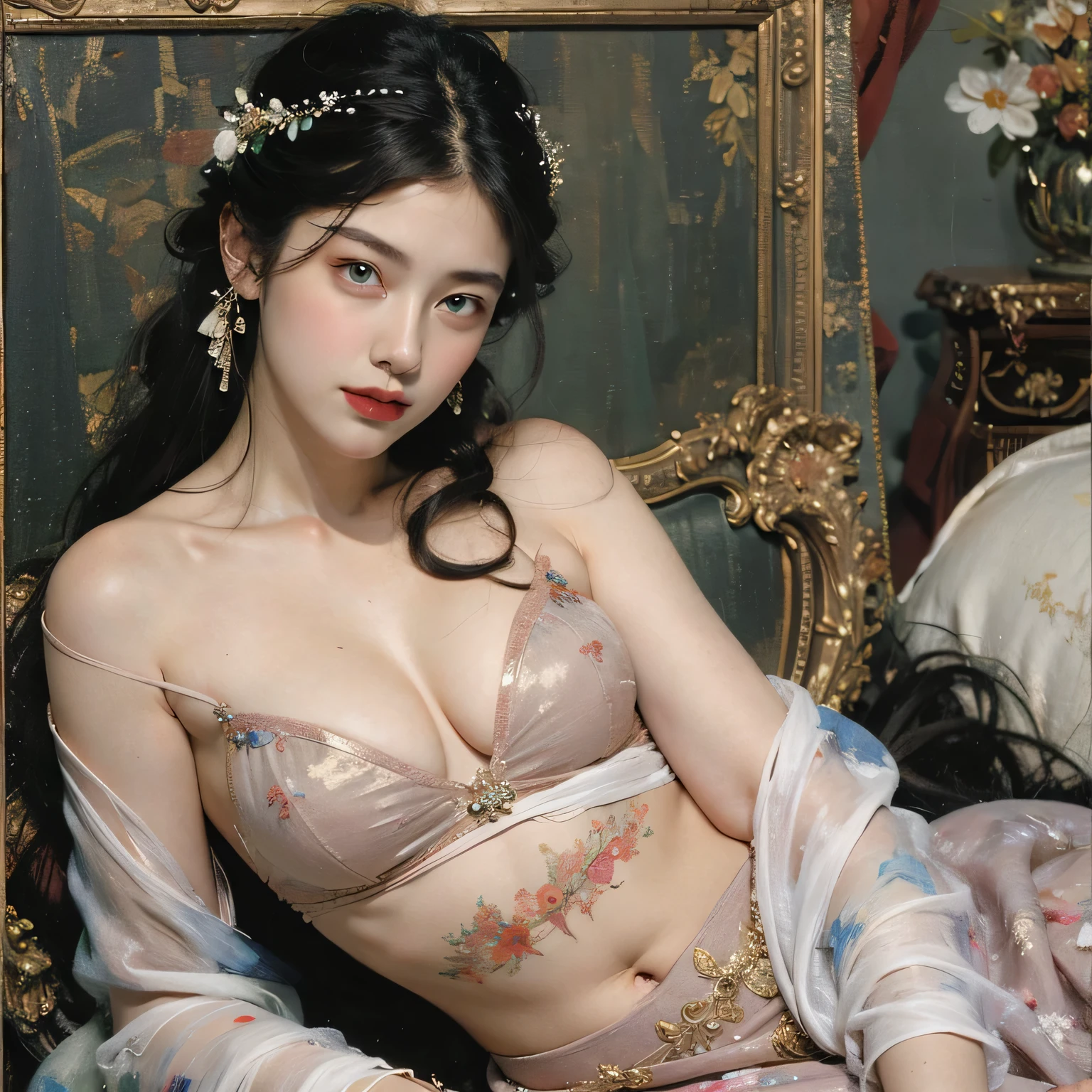 ((​masterpiece)、(top-quality)、(reallistic))、(Queen of Another World:1.4)、The background is an ancient palace、shackle、age19、1girl in, Ultra Ultra Bikini、latex shiny、Alphonse Mucha:1.4、Crisp focus:1.5、A detailed eye、Raw photo、red-lips、Red high heels、tiarra、a choker、a necklace、耳 Ring、