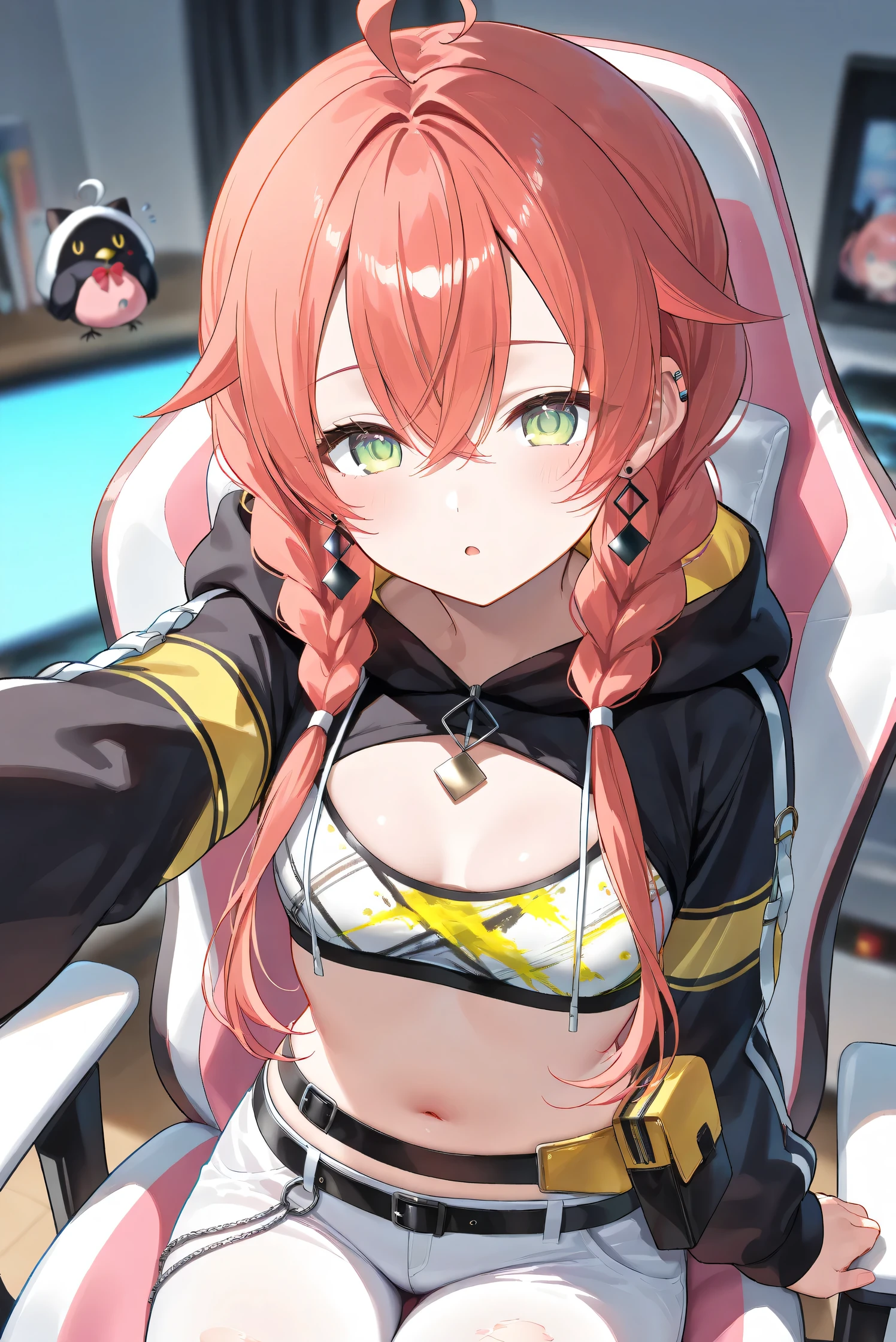 (Masterpiece), (Highest quality), (Very detailed), 
(The best shape), (Best Shadow), (Absurd), 
(Detailed background), (So beautiful), (Shiny), 
(Extraordinary), (Countershading), (8k), (32K), 
(High resolution), (Very Detailed CG), (UHD),

(Score_9), (Score_8_up), (Score_7_up), 
(Source_anime), (Pastel painting:1.2), 
(Watercolor painting:1.2),(Masterpiece, Detailed:1.2), (Foreshortening:1.2),

(Cinematic), (Dramatic), (Depth of field:1.4),
(Blurry background:1.4), (Realistic background:1.4),
(Foreshortening:1.3), (Dynamic angle), (1 girl), (solo), 

(indoor), (her room), (gaming chair), 

(Kuramochi Meruto), (Nijisanji), (Virtual youtuber), 

nijiakari, small breasts, green eyes, long eyelashes,
red hair, pink hair, orange hair, long hair, twin braids, bangs, ahoge, hair over shoulder, earring,

nijiakaricos, print crop top, midriff, stomach, navel, black belt, chain, pouch, white pants, long pants,
lowleg pants, torn pants, black shrug\(clothing\),
long sleeves, black hood, 

SA1stHairstyle, SA1stCostume, red hair, 
low twin braids, green eyes, eyelashes, ahoge, asymmetrical earrings, ear piercing, black hoodie, 
hood down, crop top, cleavage, torn pants, 

(cowboy shot), 
(focus on face), (close up shot), 
(blash:1.3), (parted lips), (open mouth), 
(hood down), (droopy eyes:1.3), 
(sitting the gaming chair), (crow pose), 