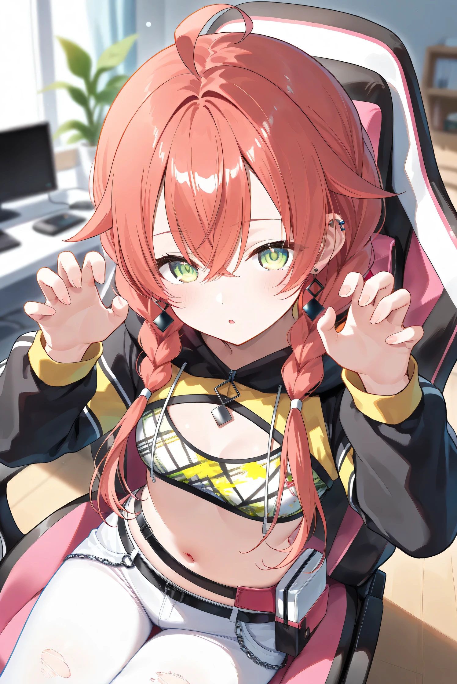 (Masterpiece), (Highest quality), (Very detailed), 
(The best shape), (Best Shadow), (Absurd), 
(Detailed background), (So beautiful), (Shiny), 
(Extraordinary), (Countershading), (8k), (32K), 
(High resolution), (Very Detailed CG), (UHD),

(Score_9), (Score_8_up), (Score_7_up), 
(Source_anime), (Pastel painting:1.2), 
(Watercolor painting:1.2),(Masterpiece, Detailed:1.2), (Foreshortening:1.2),

(Cinematic), (Dramatic), (Depth of field:1.4),
(Blurry background:1.4), (Realistic background:1.4),
(Foreshortening:1.3), (Dynamic angle), (1 girl), (solo), 

(indoor), (her room), (gaming chair), 

(Kuramochi Meruto), (Nijisanji), (Virtual youtuber), 

nijiakari, small breasts, green eyes, long eyelashes,
red hair, pink hair, orange hair, long hair, twin braids, bangs, ahoge, hair over shoulder, earring,

nijiakaricos, print crop top, midriff, stomach, navel, black belt, chain, pouch, white pants, long pants,
lowleg pants, torn pants, black shrug\(clothing\),
long sleeves, black hood, 

SA1stHairstyle, SA1stCostume, red hair, 
low twin braids, green eyes, eyelashes, ahoge, asymmetrical earrings, ear piercing, black hoodie, 
hood down, crop top, cleavage, torn pants, 

(cowboy shot), 
(focus on face), (close up shot), 
(blash:1.3), (parted lips), (open mouth), 
(hood down), (droopy eyes:1.3), 
(sitting the gaming chair), (crow pose), 